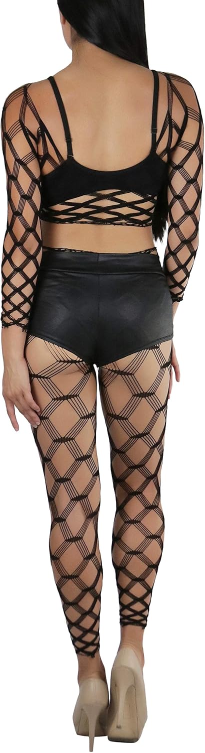 ToBeInStyle Women's Spandex Multi Net Fishnet Set Rave Novelty Party Crop Top & Tights
