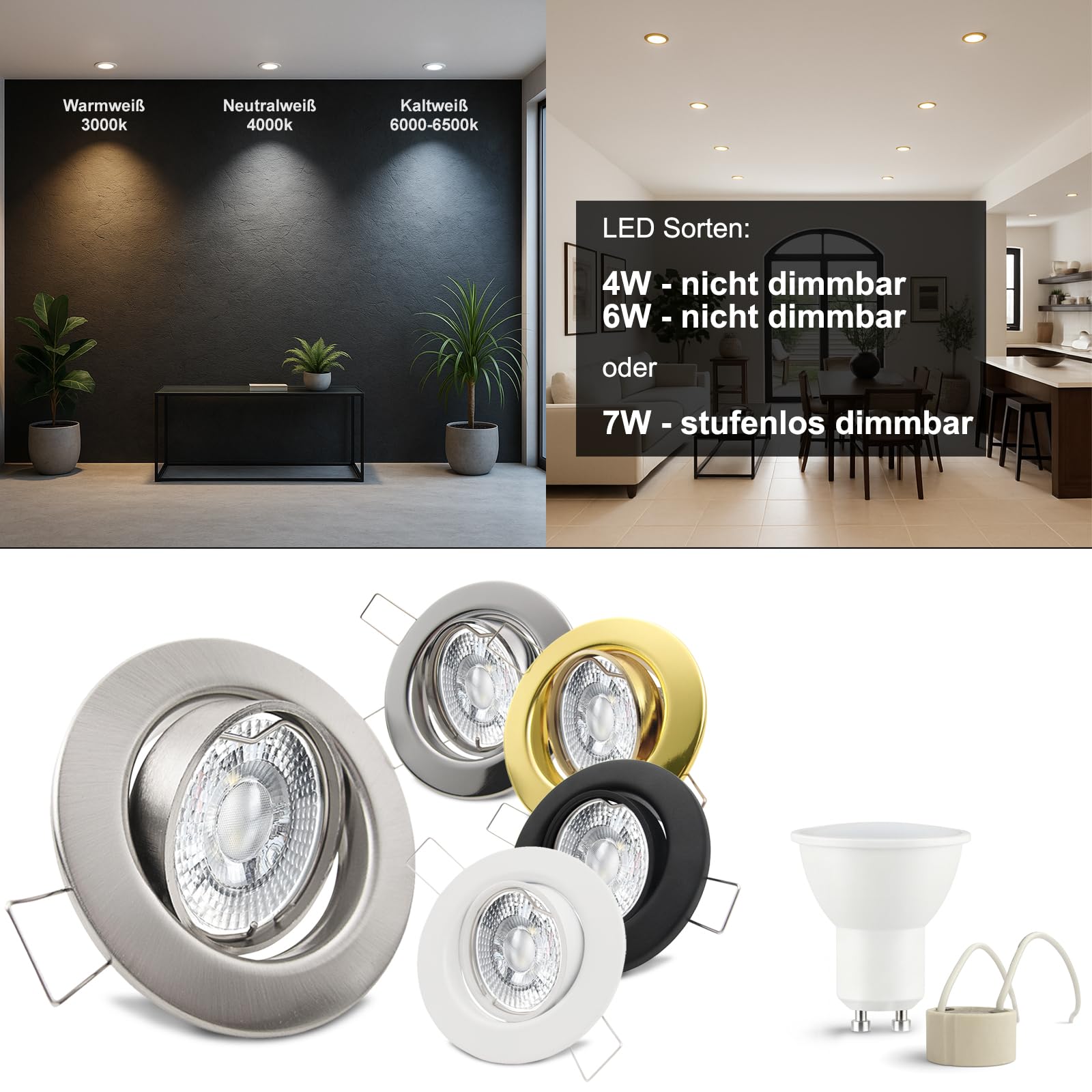 trendlights24 Decora LED Einbaustrahler 230V Schwarz 10er Set Spots 4W GU10 | Decken Einbauleuchte, rund, Warmweiß, Abstrahlwinkel 45-55°, Lochmaß 68 mm, Einbauspots, schwenkbar