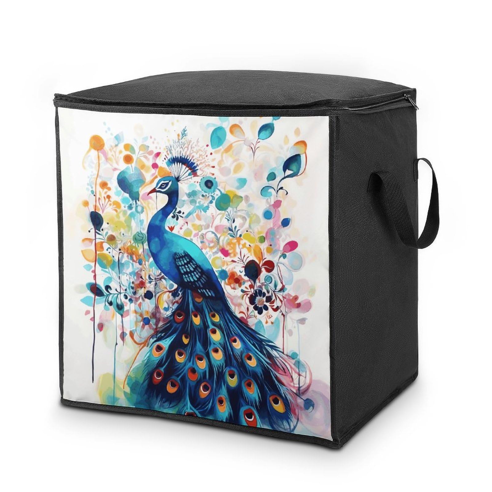 Color Peacock Storage Bag with Zippers And Handle Extra Large Bedding Comforter Storage Bag Foldable Blanket Storage Bags Fabric Moving Bags for Closet Organizer (70L)
