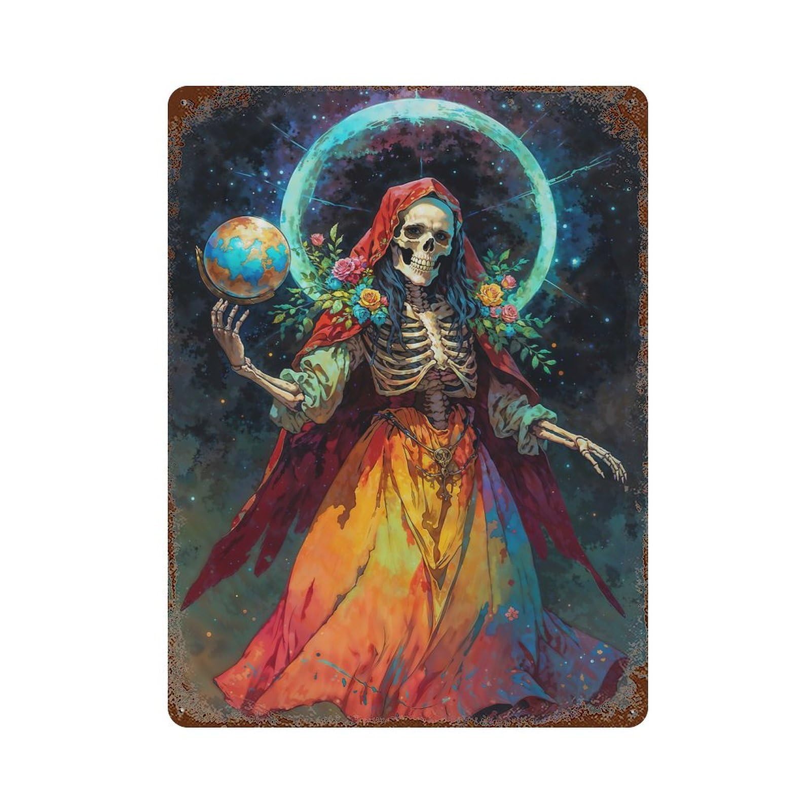 Santa Muerte with Globe And Flowers 15.7"x11.8" Aged Metal Wall Plaque, Retro Wall Decor for Farmhouse, Kitchen And Entryway Decor