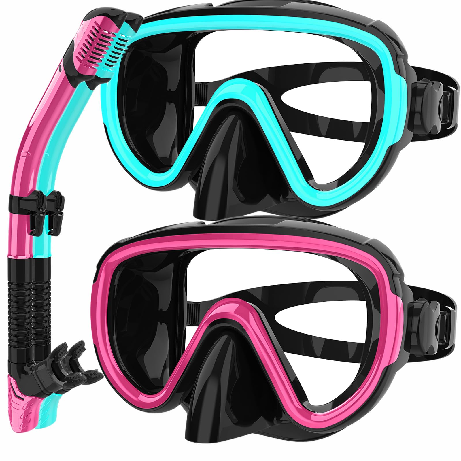 Bairuifu Snorkeling Gear for Adults Snorkel Set, Light Blue & Rose, 2 Packs