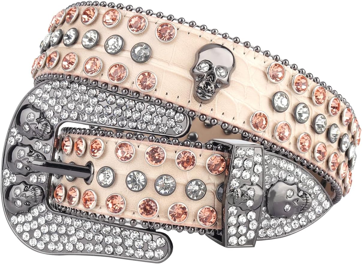 Rhinestones Belt for Men Women, Skulls Belts Western Leather Sparkle Shining Diamond Studded Belts