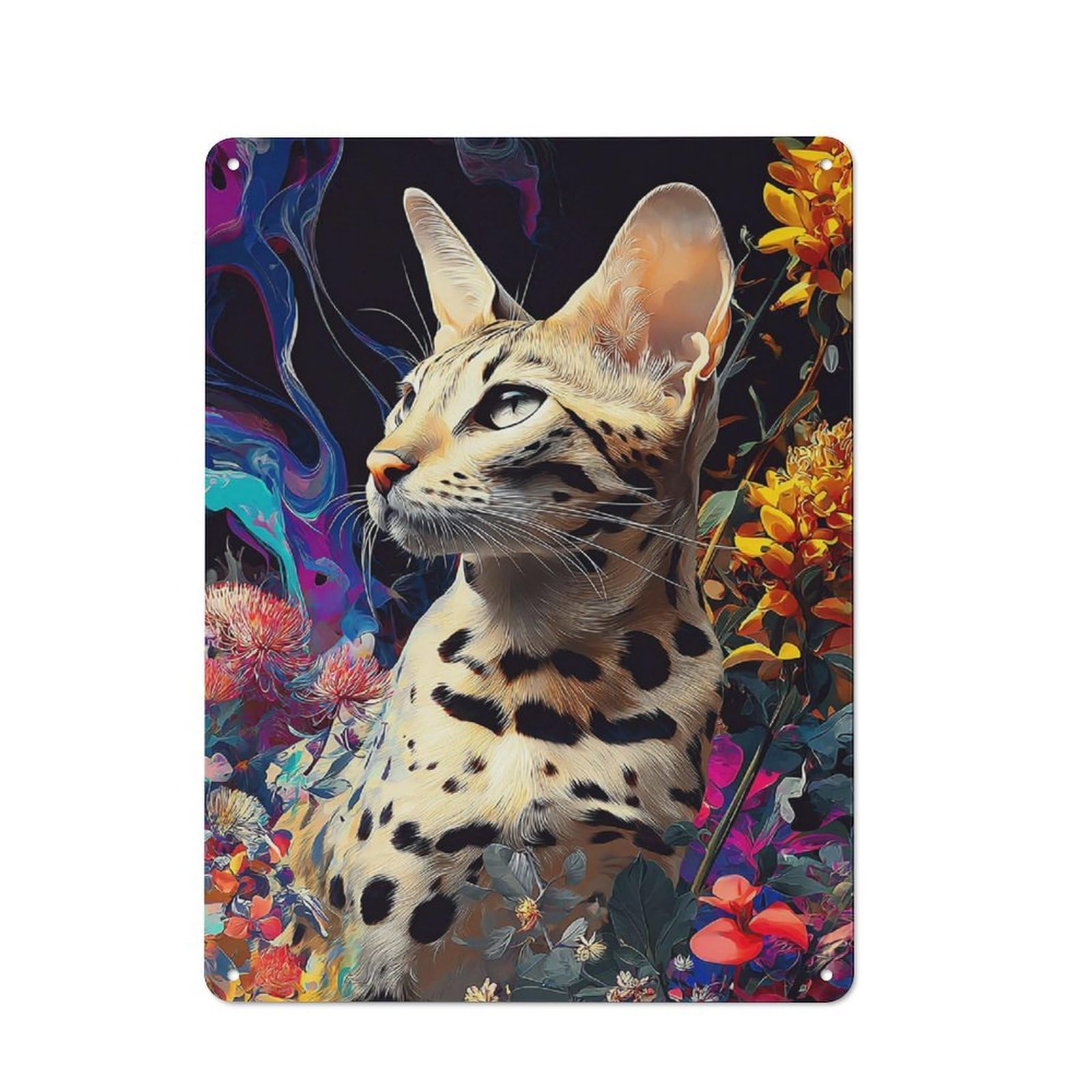 Junmoney Painted Cat Amidst Flowers Cottage Metal Wall Decor 40X30cm, Shed Metal Sign For Conservatory, Home Bar Or Utility Room