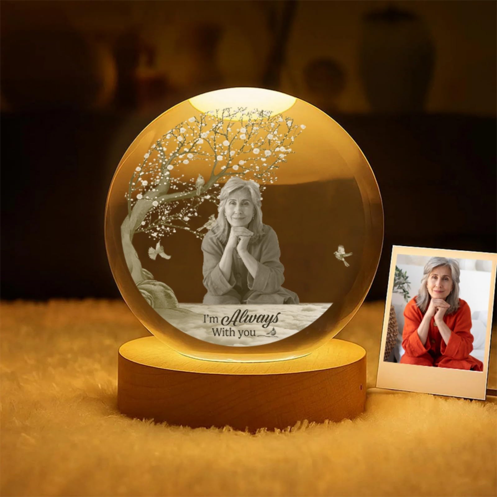 Drawelry Personalized Crystal Ball Night Light with Picture,Custom Engraved Crystal Ball Night Light,Customized Gifts with Lighted Base,Anniversary, Christmas, Birthday Gifts (Flower Tree)