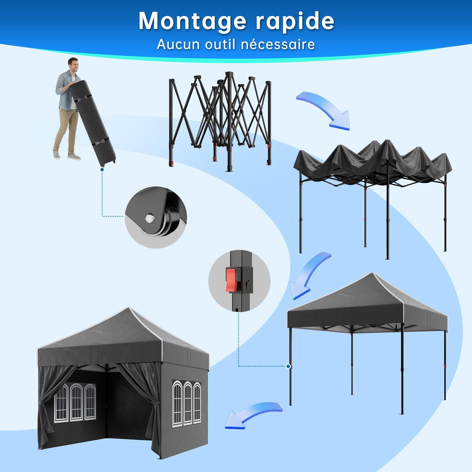 Devoko Tonnelle Pliant 3x3m Imperméable, Robuste, Résistant à l'hiver, Hauteur Réglable, avec 4 Panneaux Latéraux, Protection UV 50+, pour Jardin, Terrasse, Camping, Noir