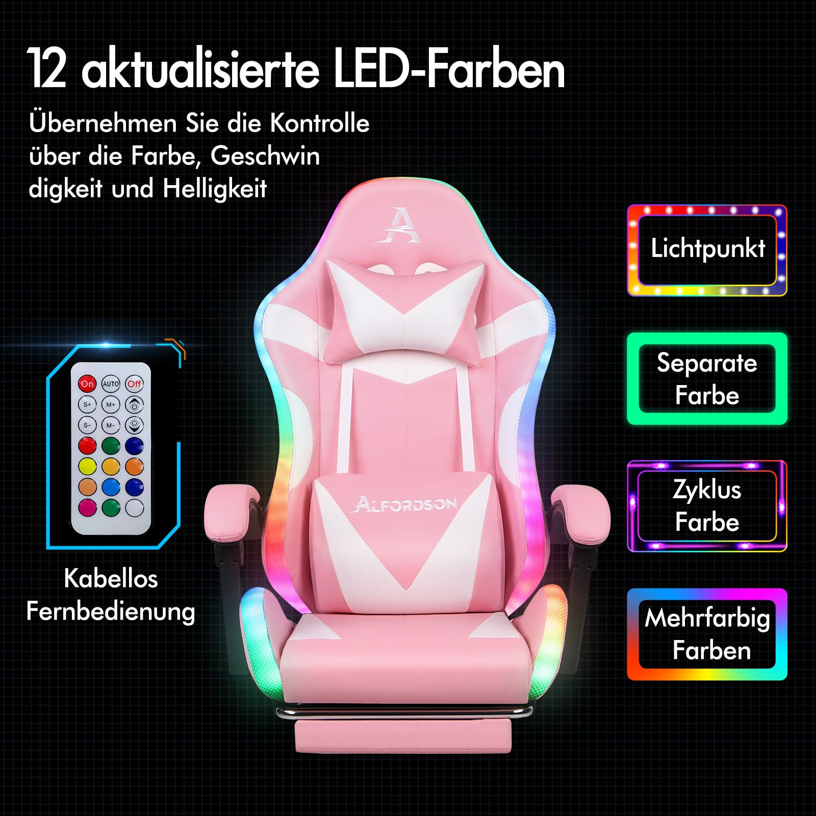 ALFORDSON Fotel biurowy, gamingowy, ergonomiczny, z podnóżkiem, zagłówkiem, poduszka lędźwiowa, obrotowa, udźwig 180 kg, różowy