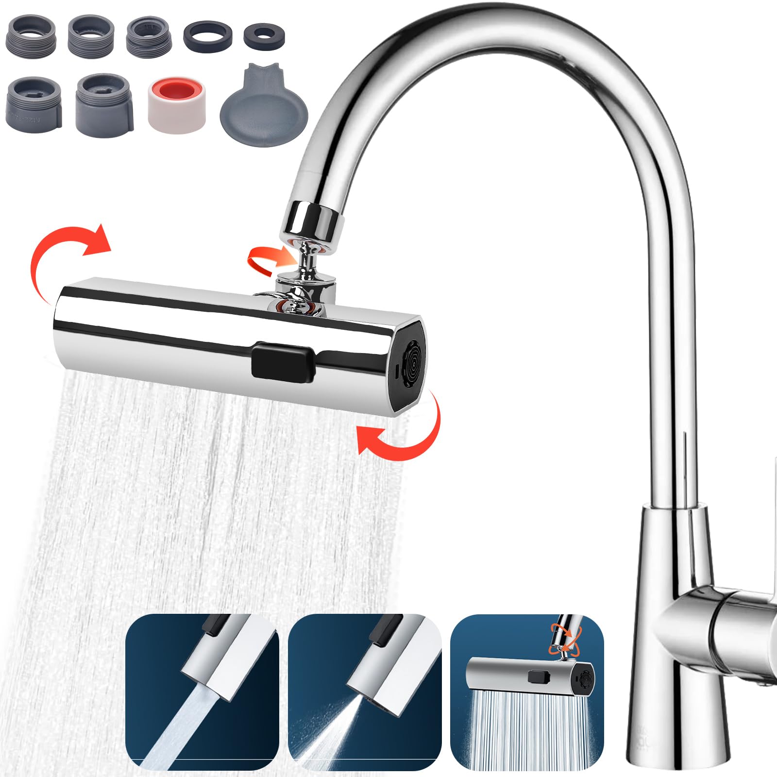 Waterfall Kitchen Faucet, Basin Mixer Tap 3 Modes Kitchen Tap Spray Head Washbasin Faucet Waterfall 360° Swivel Waterfall Spout Taps Kitchen Sink Tap Adapter Sink Taps (A)