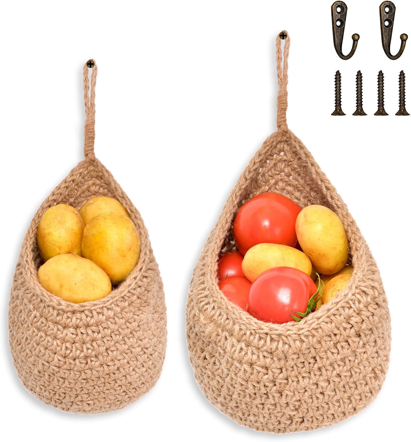 6 Pcs Jute Hanging Fruit Baskets for Kitchen Bohemian