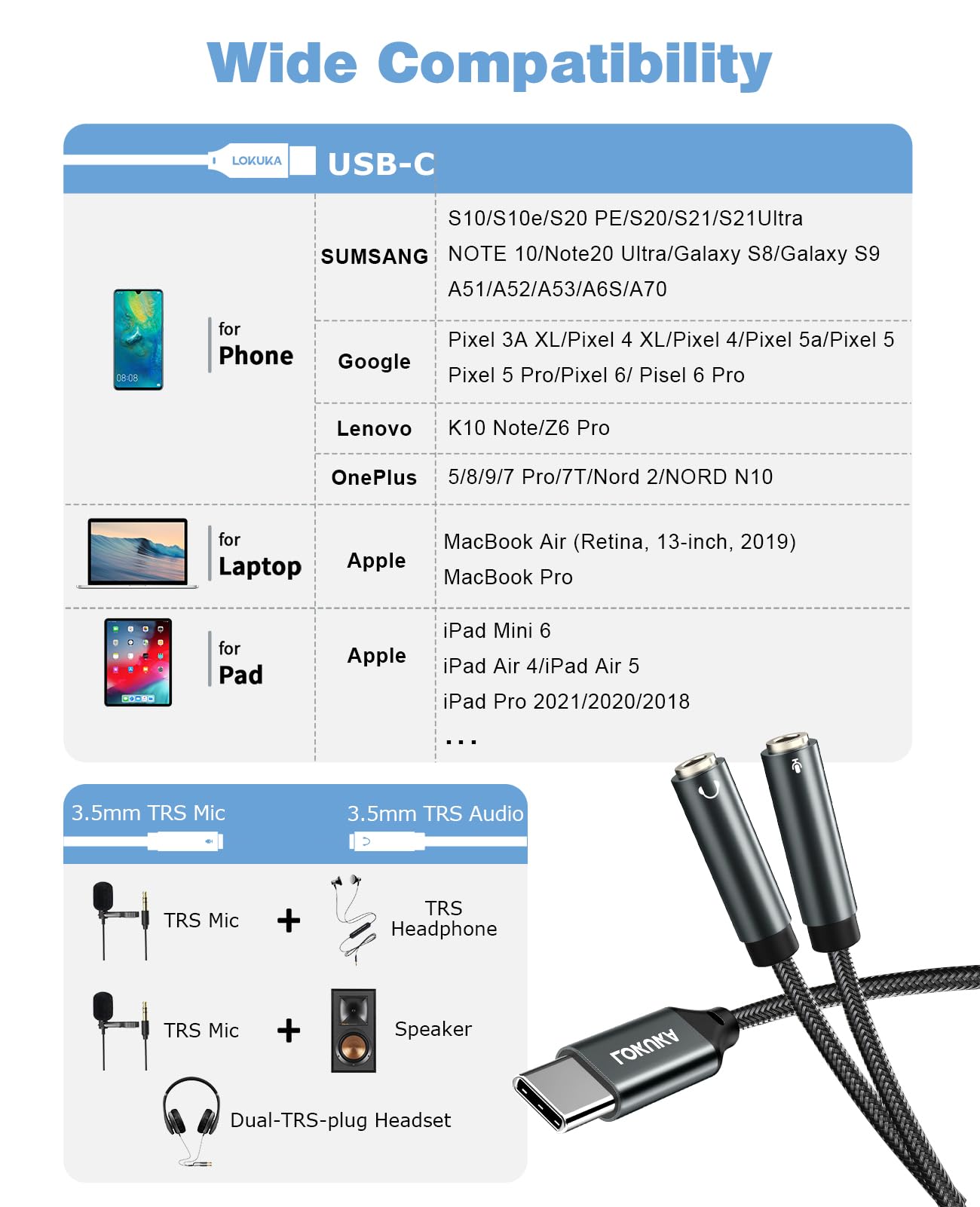 Divisor de micrófono de auriculares USB C a TRS de 3,5 mm, tipo C a adaptador de audio para auriculares y micrófono para auriculares de PC de doble enchufe a laptop tipo C, tablet, teléfono
