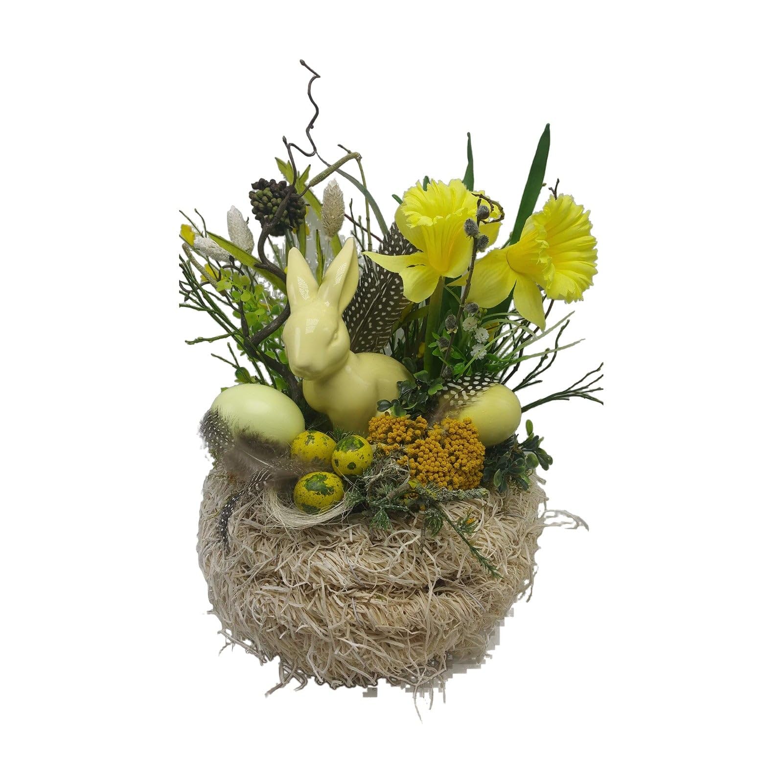 Seidenblumengesteck Ostergesteck Osterglocken Hase Eier Federn gelb