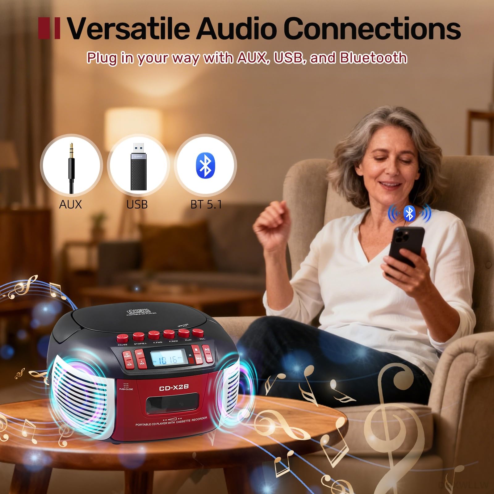 Boombox odtwarzacz kasetowy CD z radiem AM FM, Bluetooth, odtwarzanie płyt CD, pilot zdalnego sterowania, port USB, wejście AUX i gniazdo słuchawkowe, nagrywanie taśmowe, dźwięk stereo