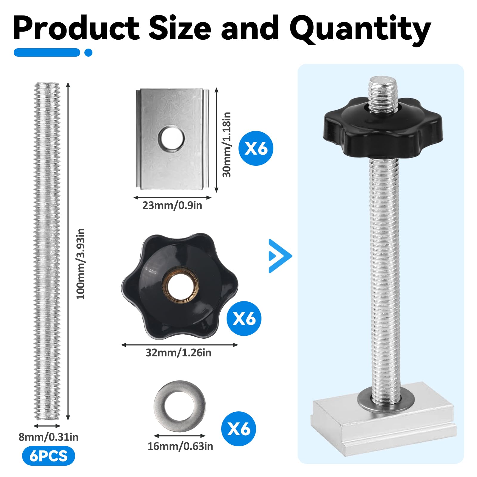 Kayqbonke Pack of 24 T-rail sliding nuts, slot nuts M8 T-slot nuts kit with T-bolt and clamping knob, M8 plastic handle - Image 3