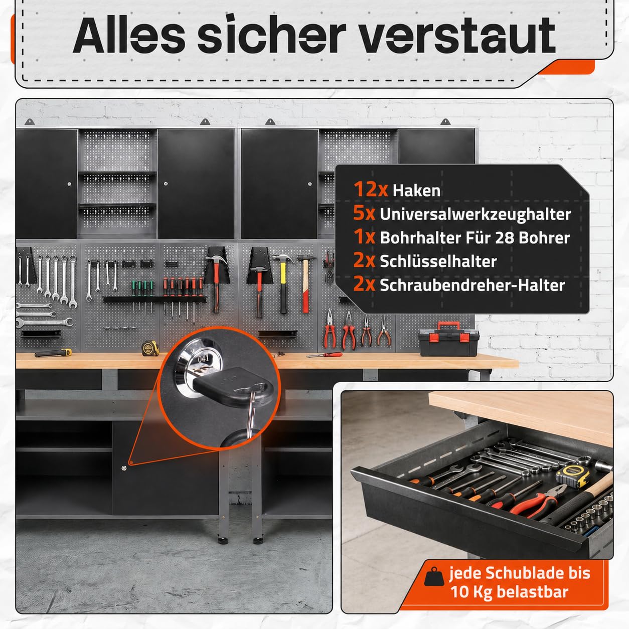 Ondis24 Werkstatteinrichtung Werkstatt Set Werkbank Fritz Hängeschrank Werkzeugwand Metall Schwarz Grau (Hängeschrank Kurt, 240 cm) Buchenholzarbeitsplatte
