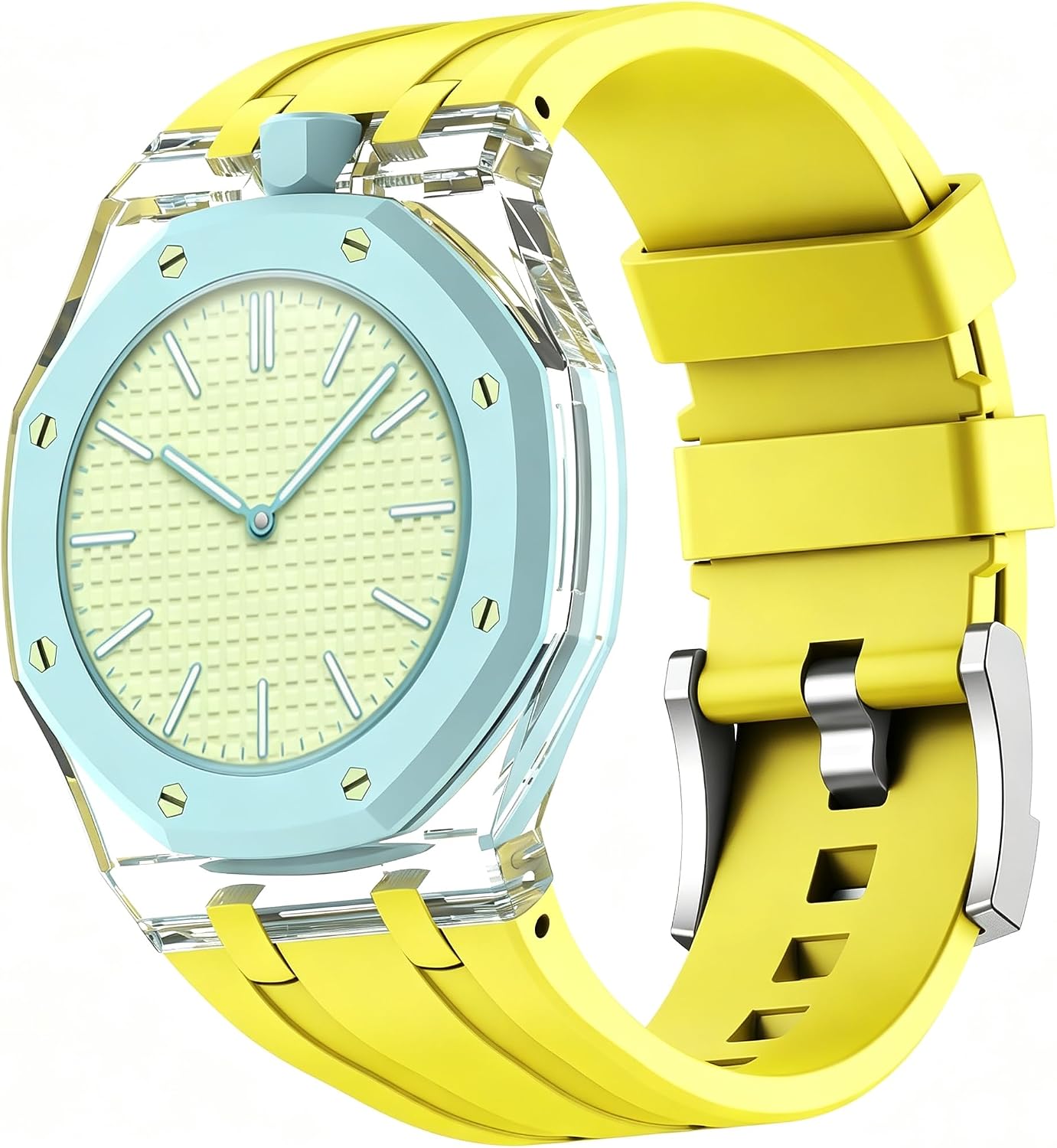 Clear Watch Case + Silicone Replacement Strap Compatible with Swatch x AP Royal Pop Pocket 12 O'Clock Watch,Colorful Soft Rubber Watch Band Protective Shell Summer Watch Accessories