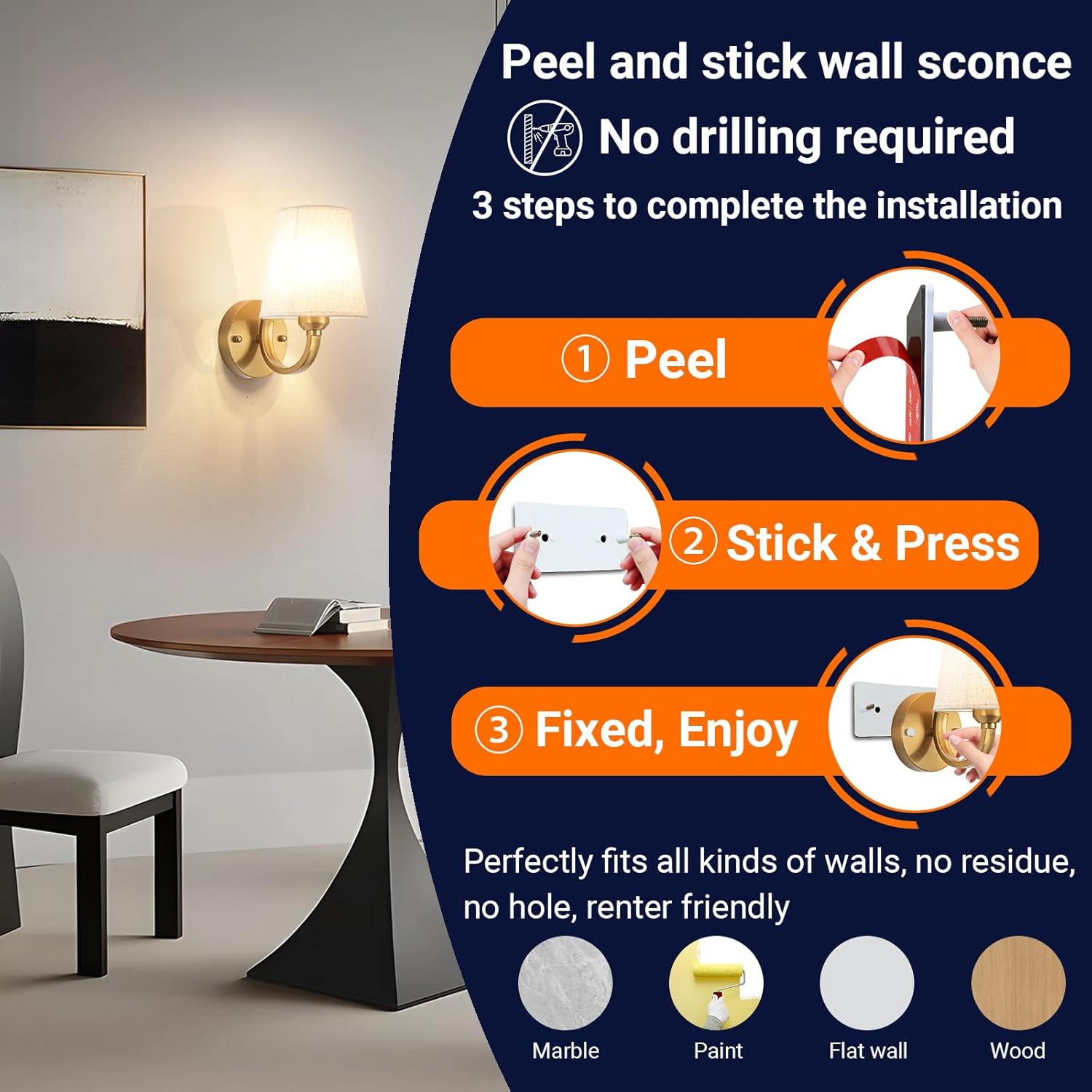 YHCDLAMP Peel and Stick Wall Sconces, No Drilling Stick On Wall Sconce, Wireless Battery Operated Wall Lights, Adhesive Wall Lamp with 10000mAh Battery Bulb for Bedroom Living Room Decor