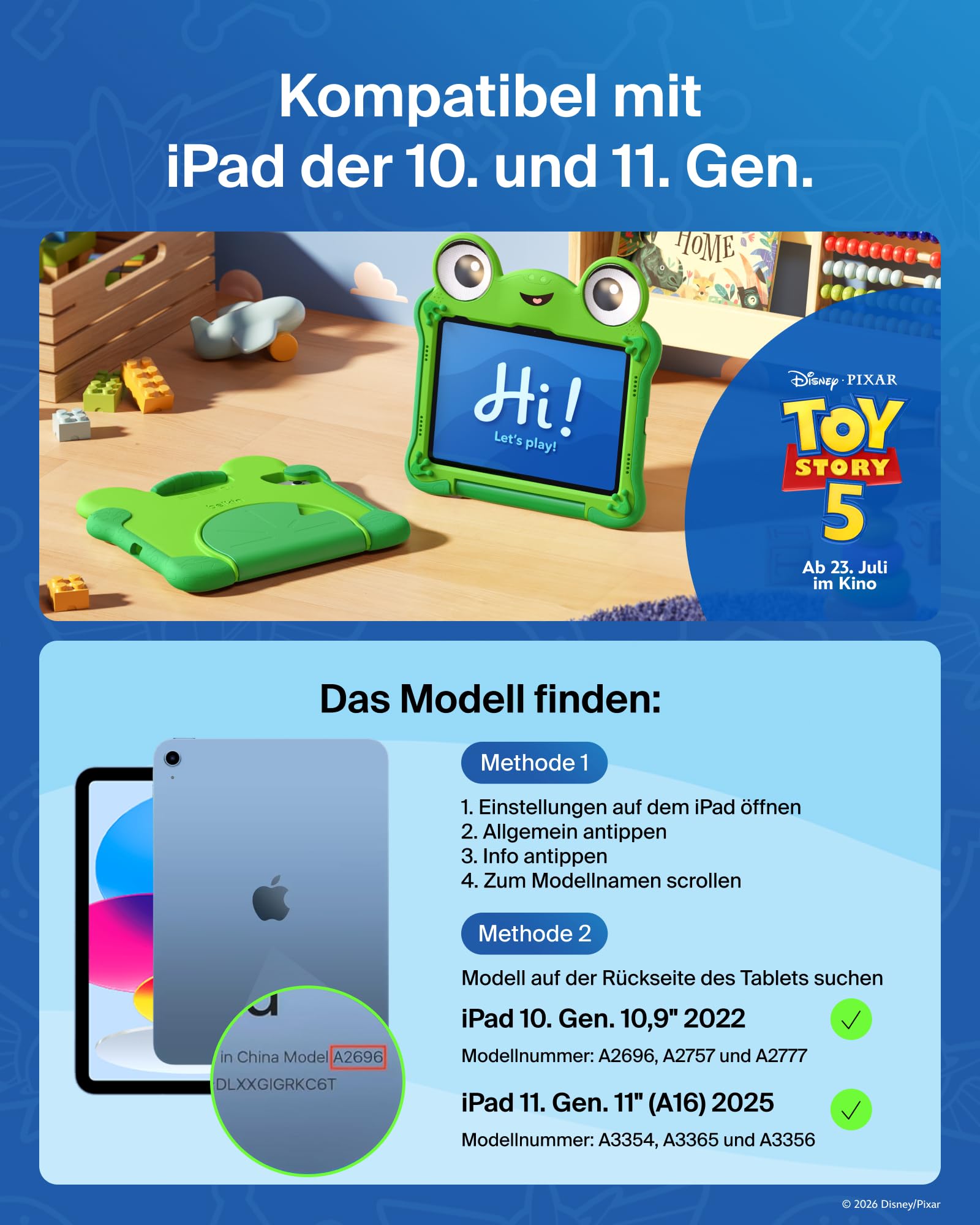 Belkin Disney und Pixar iPad A16 Hülle inspiriert von Lilypad aus Toy Story 5 (11. Generation 2025, 11" / 10. Generation 2022, 10,9"), Stoßfest, Robust, Ungiftig, Tablethülle mit Ständer und Griff
