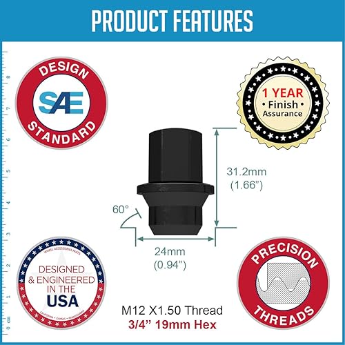 Miniatura 5 de Wheel Accessories Parts Juego de 20 tuercas negras de 12 x 1.5 pulgadas de longitud para Chrysler, Dodge, Ram, Plymouth, VW 0650-4672 06504596