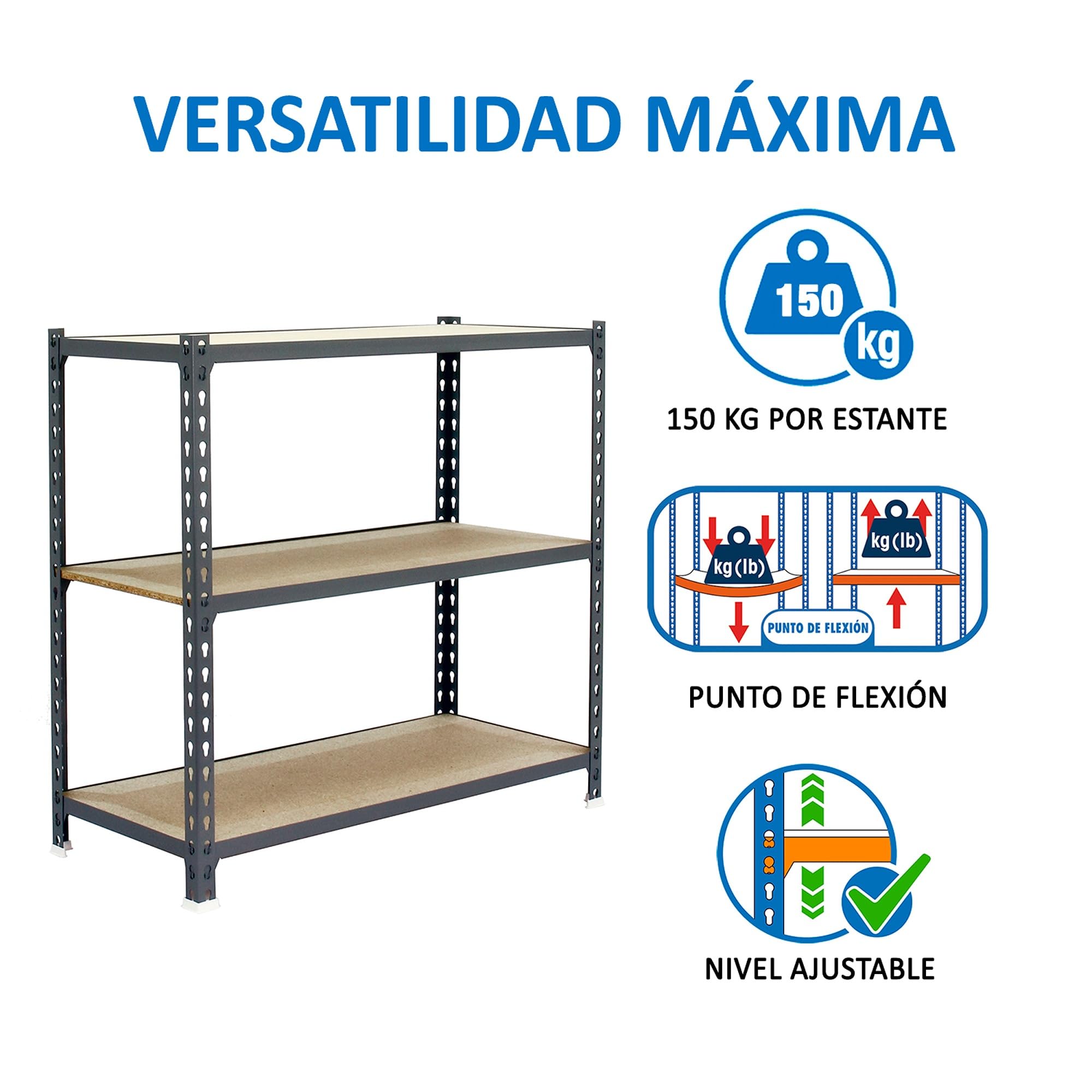 Simon Rack Estanterias Metalicas, 1000x800x400 mm, 3 Baldas de Madera, 150 kg de Punto Flexión, Estanterias Almacenaje, Gris/Madera - Maderclick