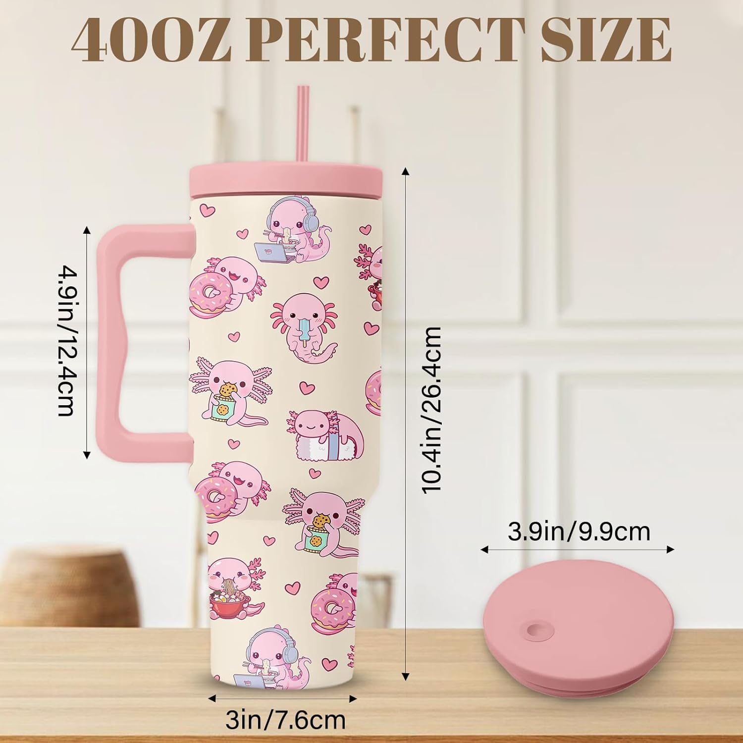 Axolotl Tumbler 40 Oz, Axolotl Gifts For Women, Cute Axolotls Tumbler With Handle, Birthday Gifts For Axolotls Lovers, Pink Insulated Tumblers Cup - Image 3
