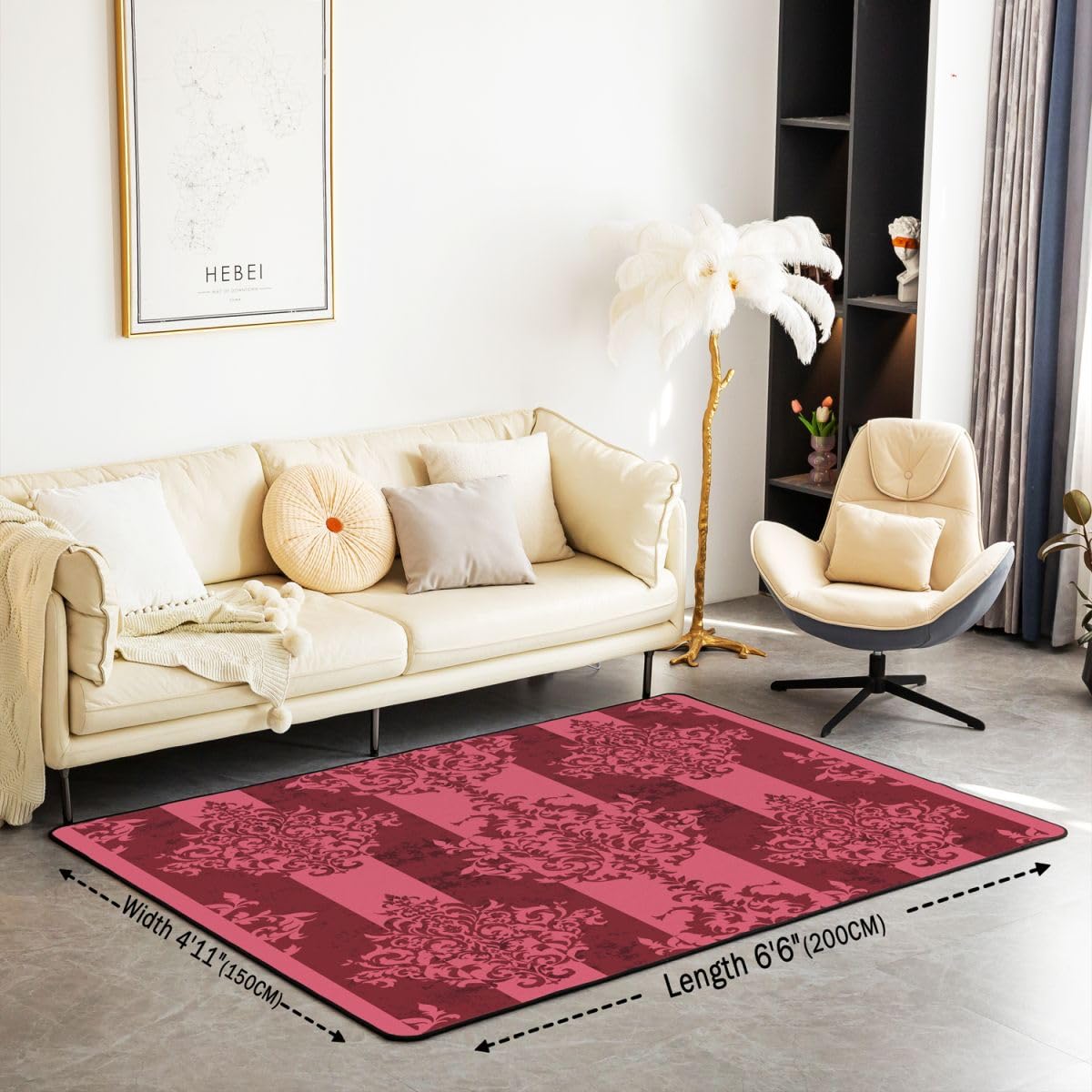 Loussiesd Tapis Salon 100x150cm Gothique Damask Tapis Chambre Exterieur Intérieur Rouge Striped Vintage Floral Modèle Antidérapant,Doux Victorian Baroque pour Salon et Chambre Jacquard Lavable