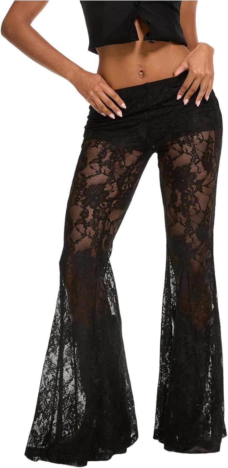 MakeMeChic Women's Floral Lace Sheer Mesh Flare Pants Low Waist Sexy See Through Going Out Pants Festival Rave Outfits