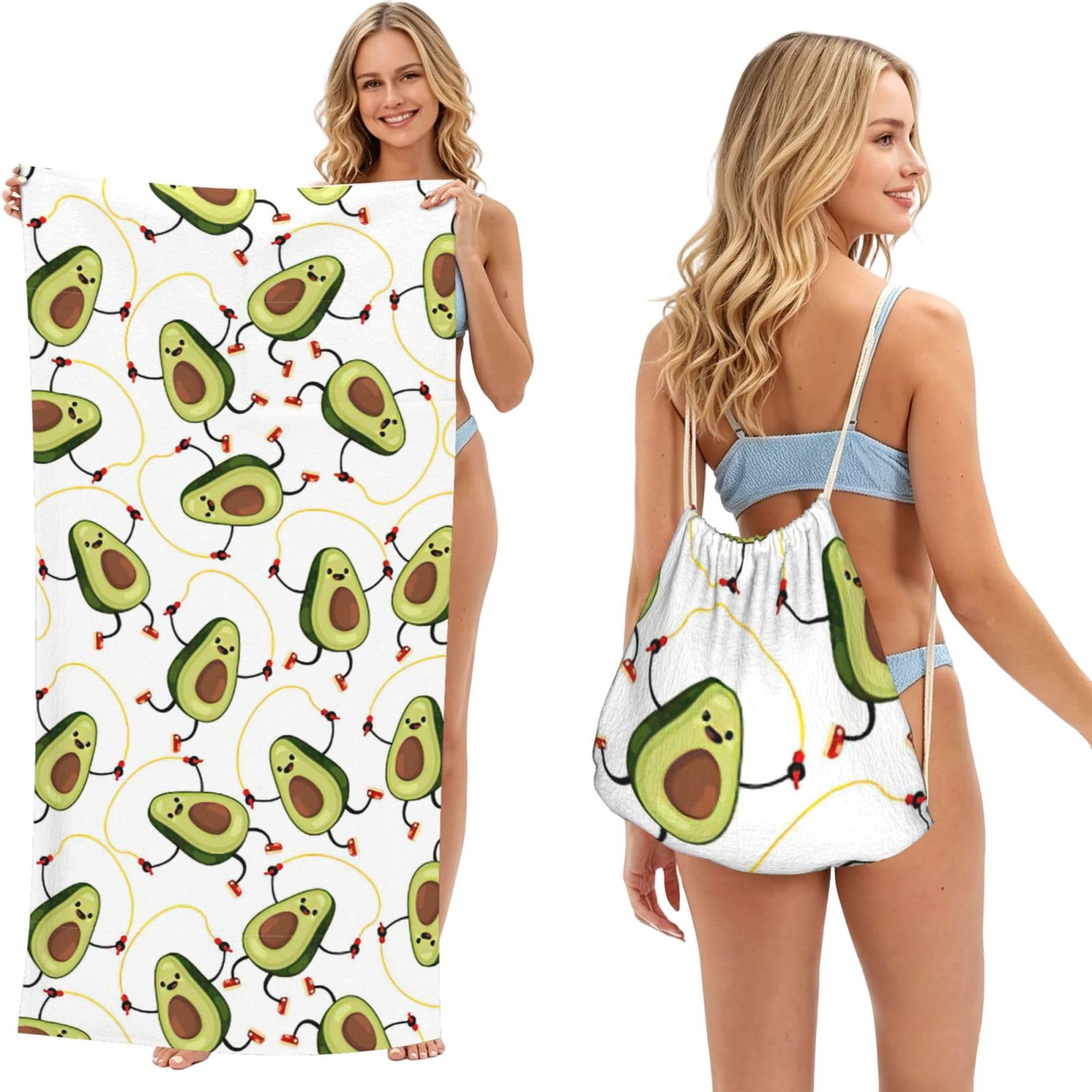 aacxzff Funny Cartoon Avocados Print 2 in 1 Packable Towel Bag, Drawstring Beach Towel Backpack,80x160cm for Beach trips