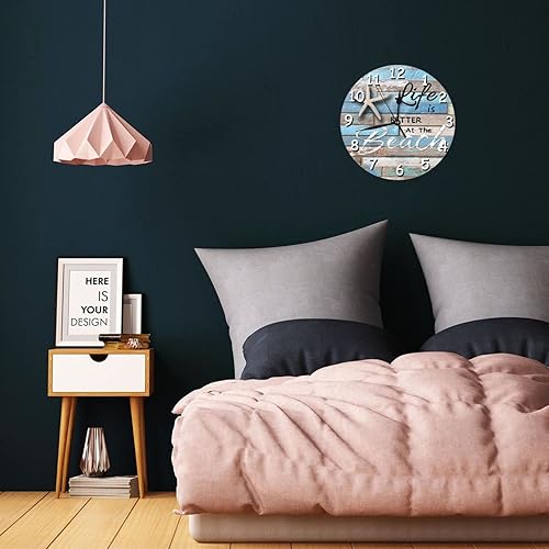 Miniatura 5 de WILL BUDXEG Summer Life Better Beach - Reloj de pared redondo de madera azul para casa de campo, sin tictac, silencioso, de cuarzo, funciona con