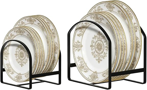LINFIDITE 2 Pack Kitchen Plate Holder Organizer for Cabinet Space Saver Dinner Plate Storage Rack Upright Dish Drying Racks Metal Dish Stand for Cupboard Countertop Rustproof Black 1 Large 1 Small