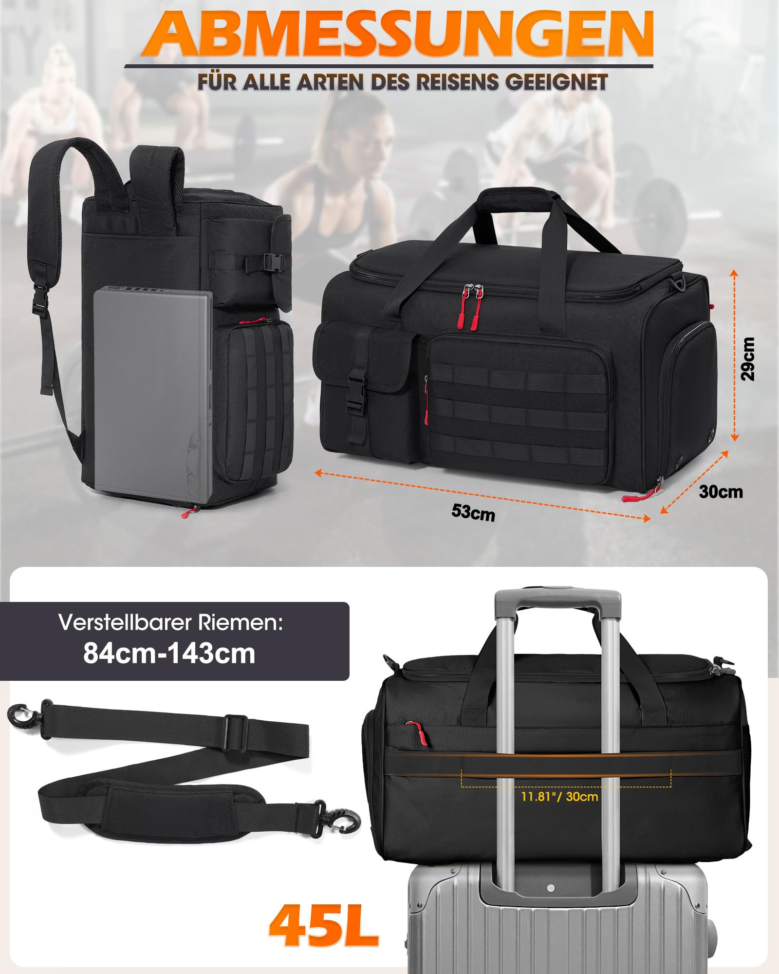 RAINSMORE 3 IN 1 Sporttasche Herren 45L Reisetasche Rucksackfunktion | Handgepäck Groß mit Schuhfach Latopfach und Nassfach Fitnesstasche Trainingstasche für Gym Reisen Weekender
