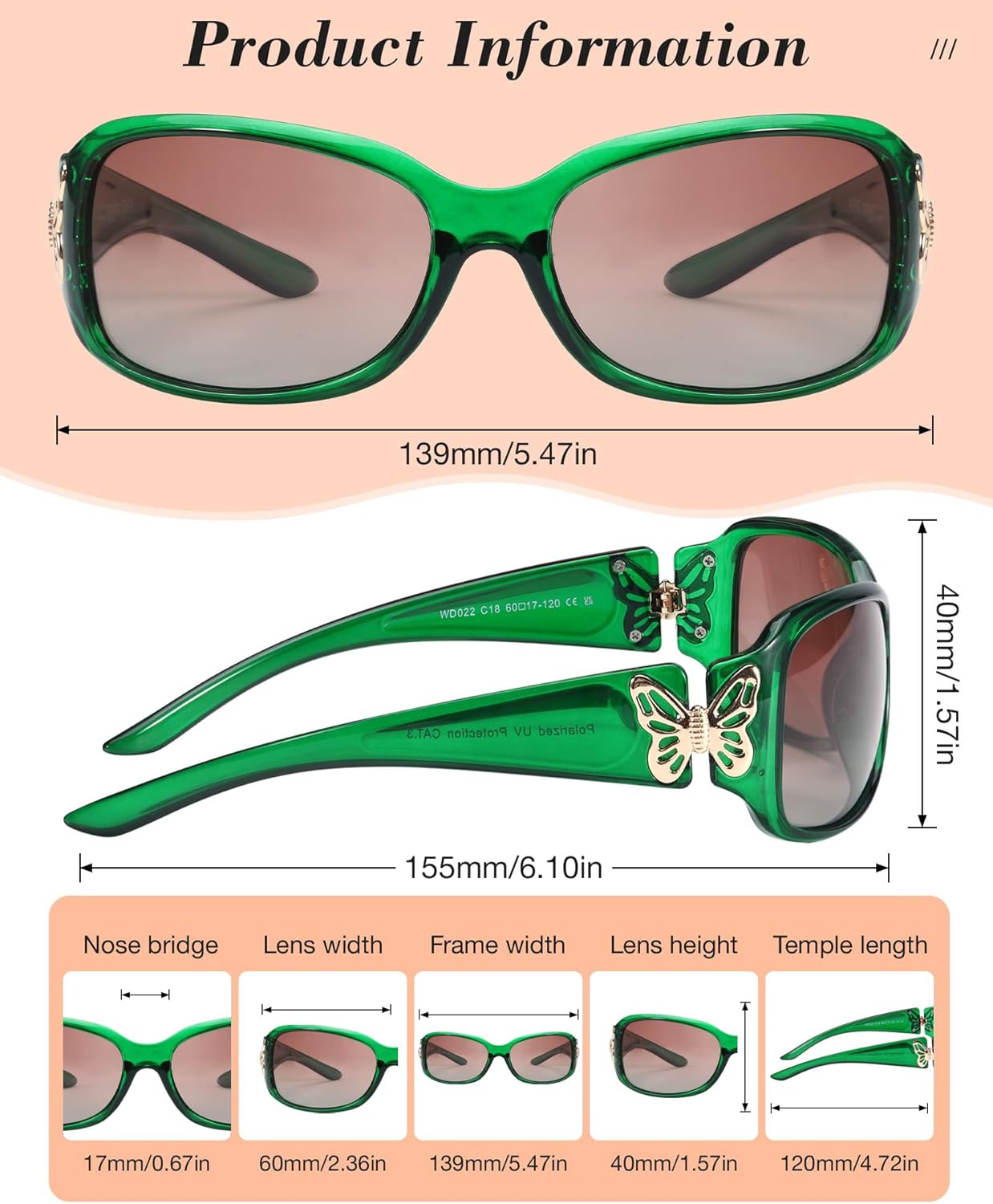 LVIOE Polarized Sunglasses for Women, Fashion Butterfly Decoration Driving Fishing-99.99% UV Protection - Image 3