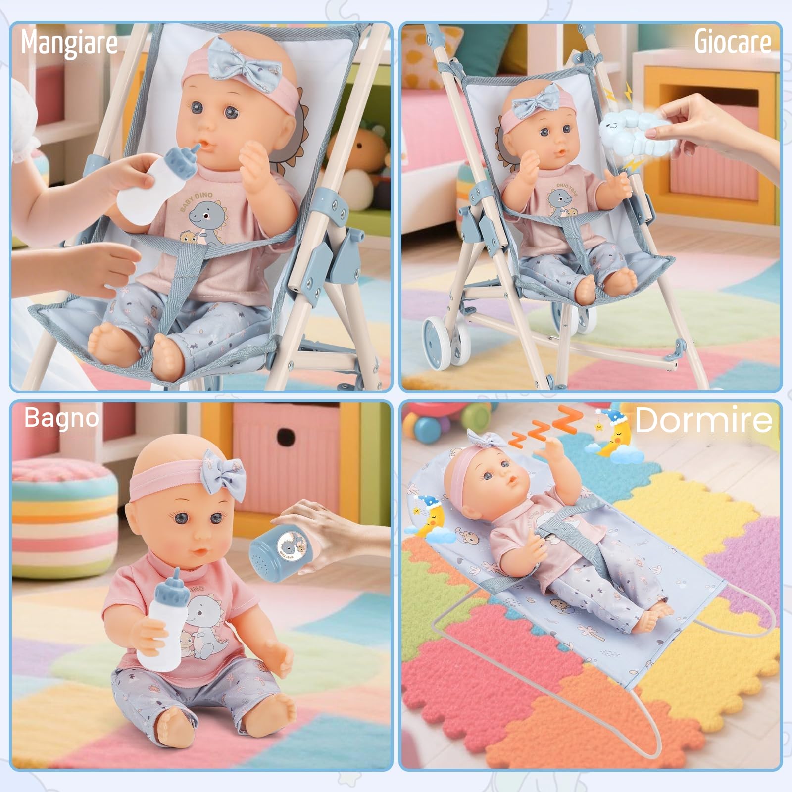 deAO Set Bambola Bebè 30CM con Passeggino Lettino Seggiolone Culla 3+ Anni | Plastica Sicura, Montaggio Facile Senza Attrezzi, 2 Borse, Tappetino e Accessori, per Gioco di Ruolo, Regali per Bambine