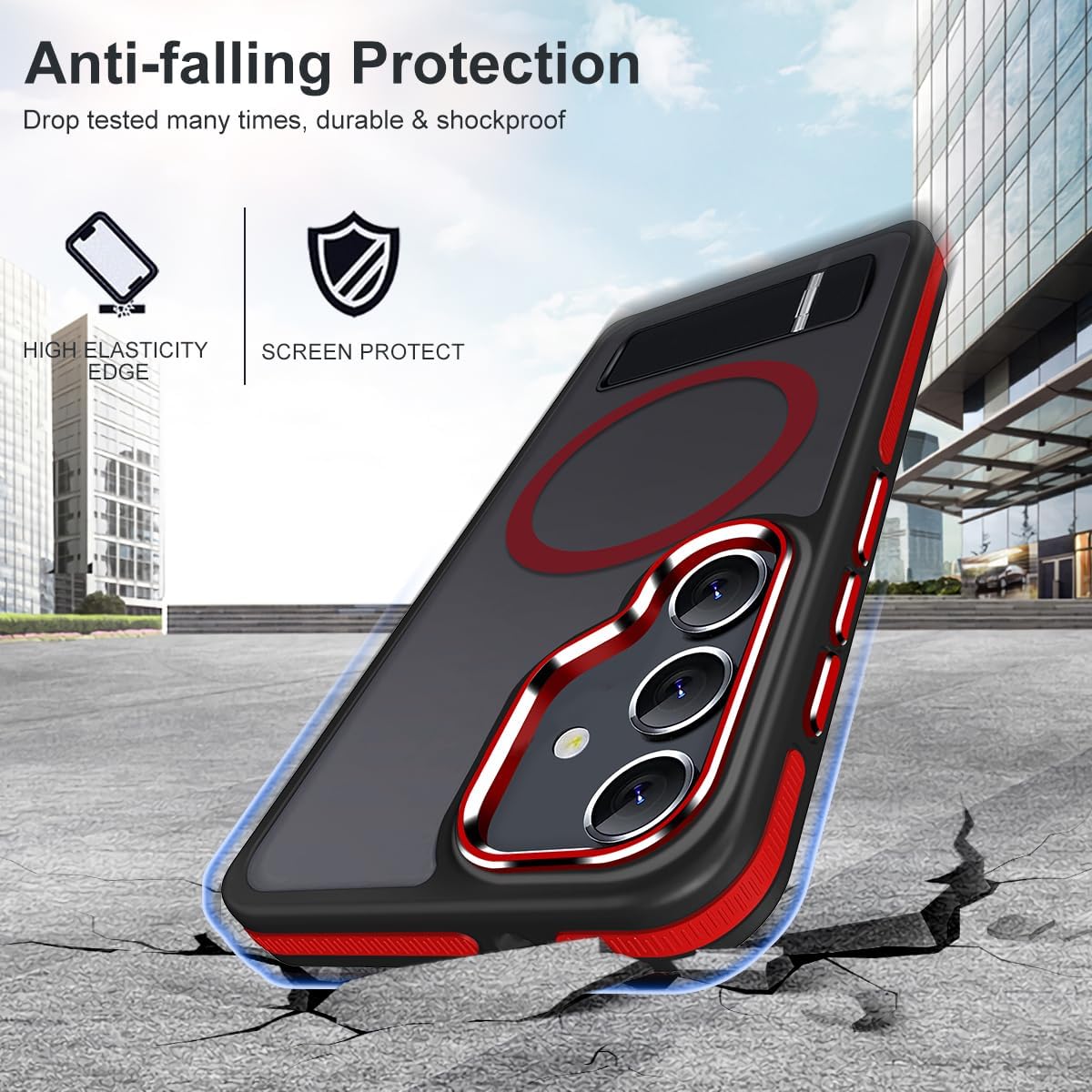 Stand for Samsung Galaxy S25 FE Case, Compatible with Magsafe, Anti-Slip Hybrid Matte Cover, Shockproof Translucent TPU Phone Case for Galaxy S25 FE (Black/Red) - Image 6