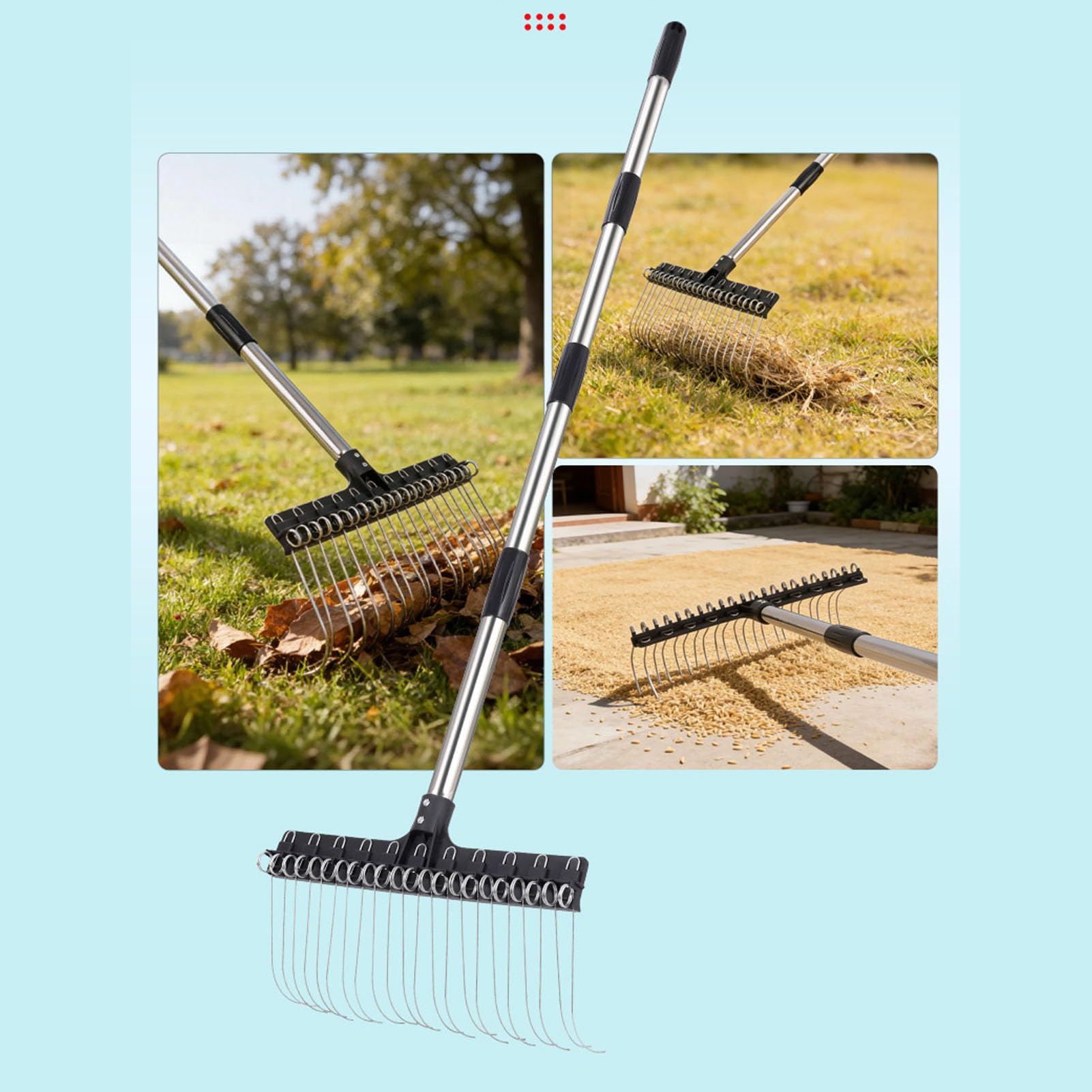 Luocute Rastrello da Giardino, Rastrello per Foglie in Filo D'acciaio Largo 16,3 Pollici con Supporto a Molla Angolato e Denti Autopulenti, per Foglie, Pacciame, Aghi di Pino,