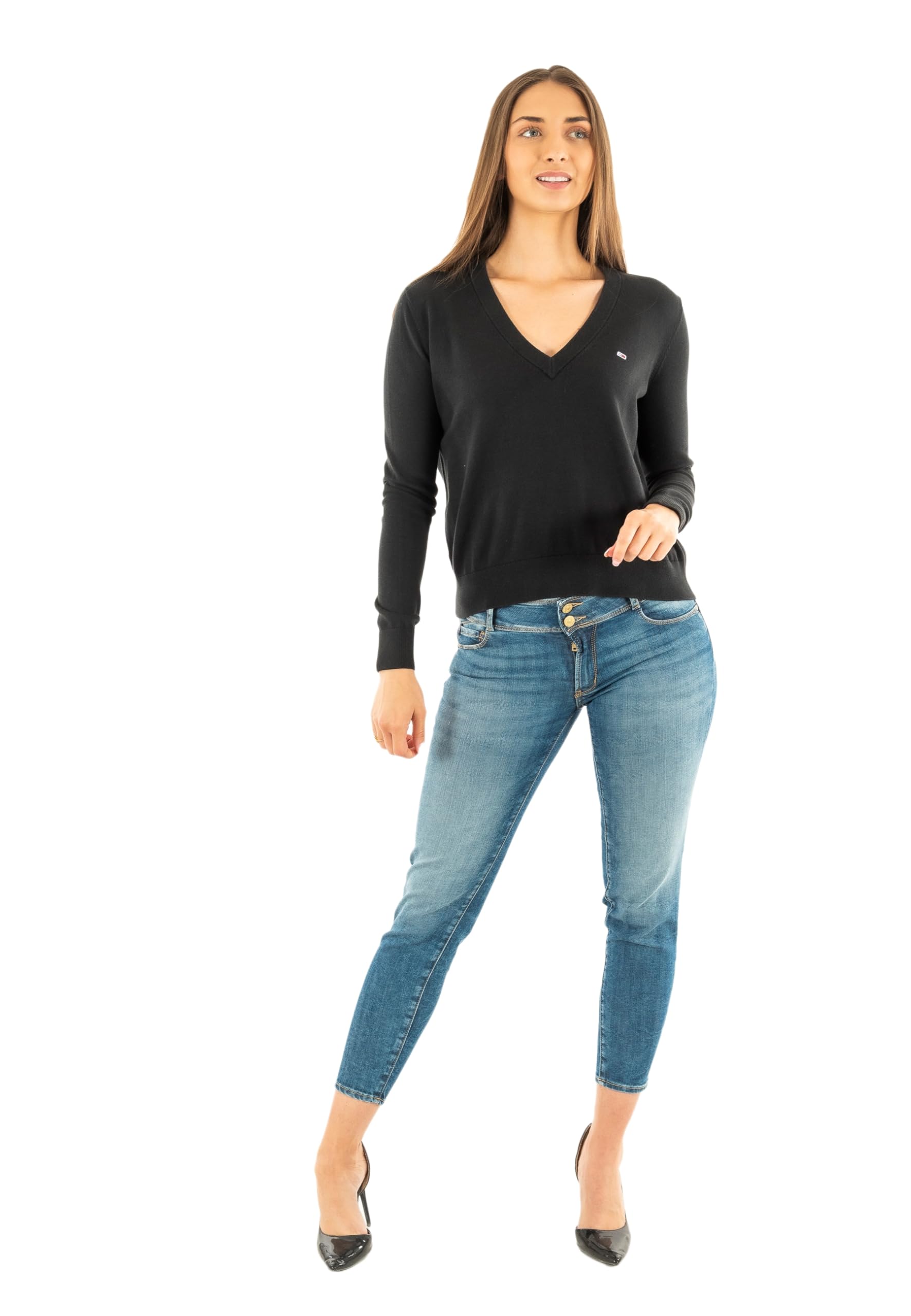 Tommy Hilfiger Women's Black Flag Embroidery V-Neck Jumper