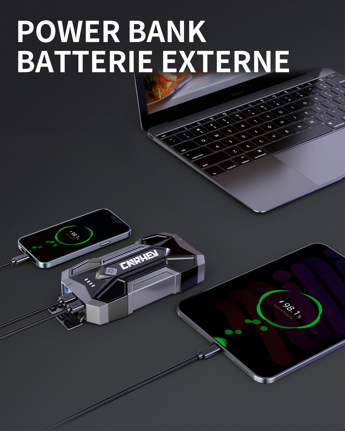 CARHEV Booster Batterie Voiture 4500A, 12V Démarreur de Batterie de Voiture (Jusqu'à 8.0L Essence ou 8.0L Diesel), Booster Batterie Moto, Car Jump Starter avec Pinces Intelligentes et lumière LED