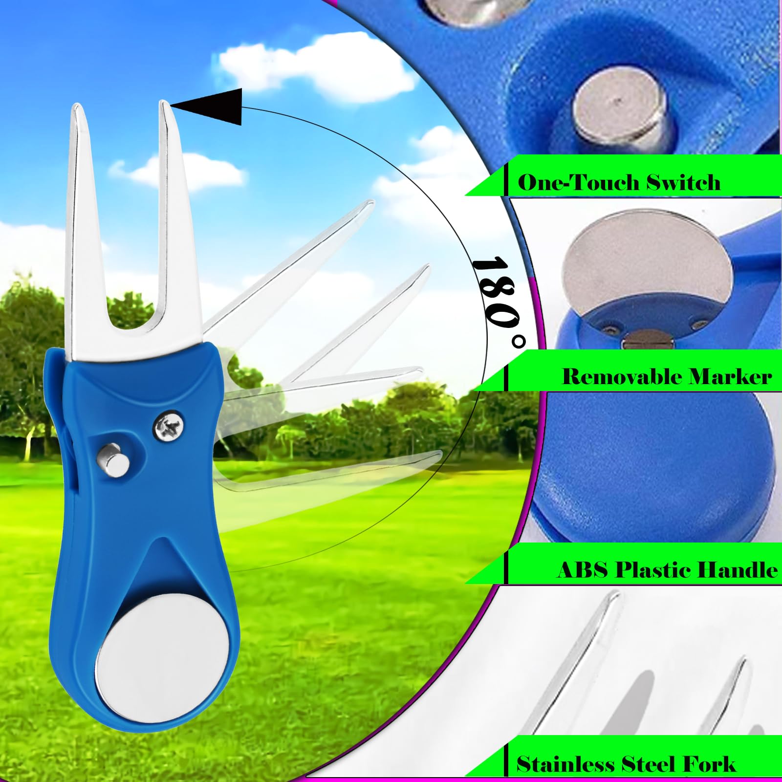 Herramienta plegable de divot de golf, paquete de 2 herramientas de reparación de acero inoxidable con botón desplegable y marcador de bola magnético para hombres y mujeres golfistas (azul)