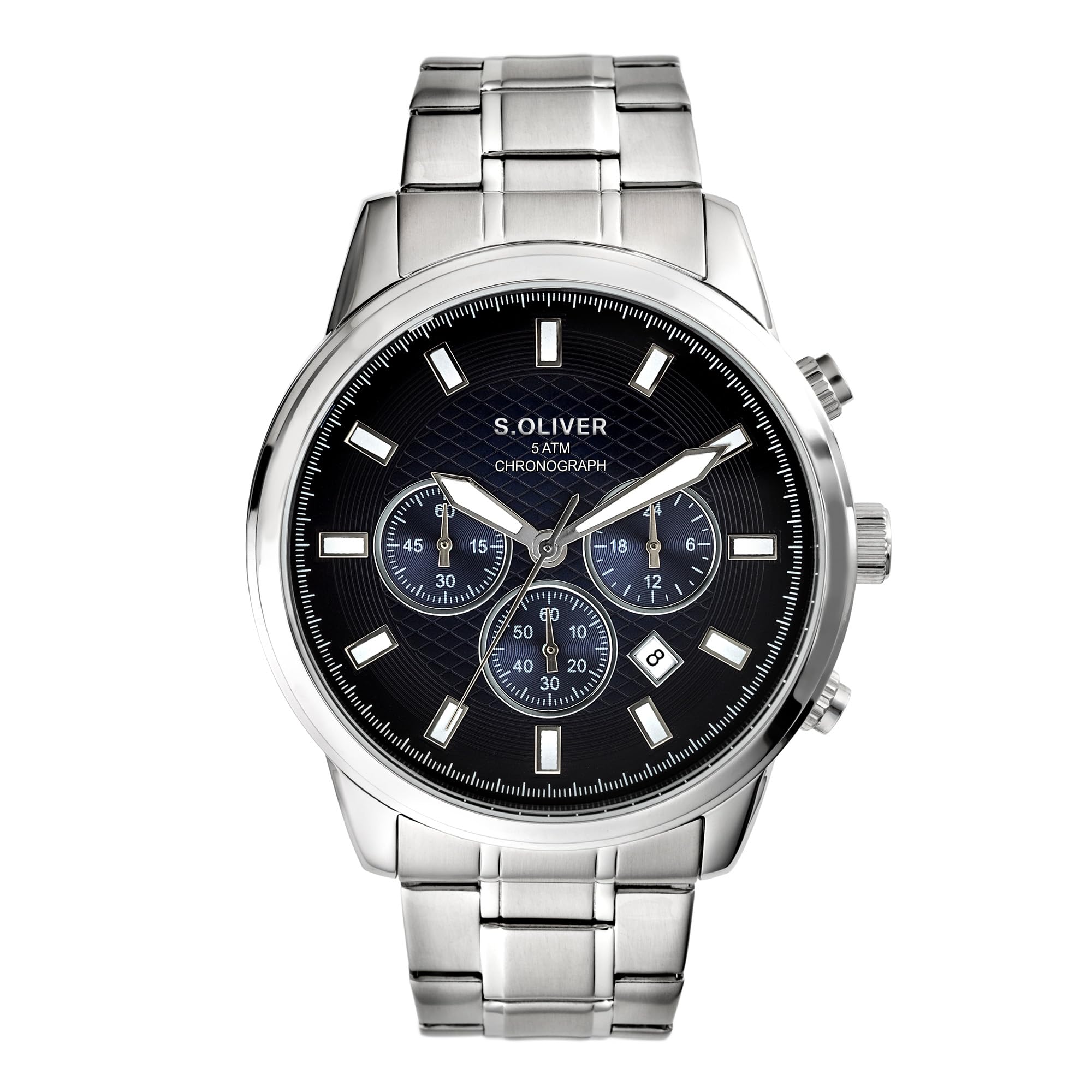 s.Oliver Men's Watch, Round, Silver, 44 mm, Metal Watch with Quartz Movement on Stainless Steel Strap with Folding Clasp, Analogue Watch, 5 ATM Waterproof, Scratch-Resistant