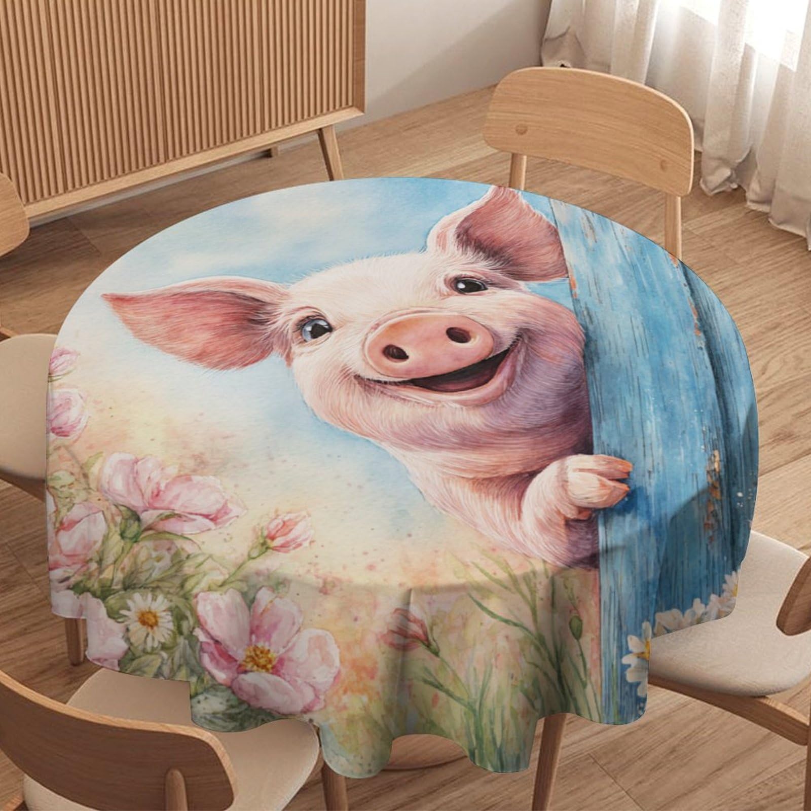 LUYYSKY Classic Realistic Cute Pig Waterproof Round Tablecloth Vintage Watercolor Spring Barn Door Animals Pig Plants Flowers Print Washable Table Cover for Kitchen-91.4" Wx91.4 L cm