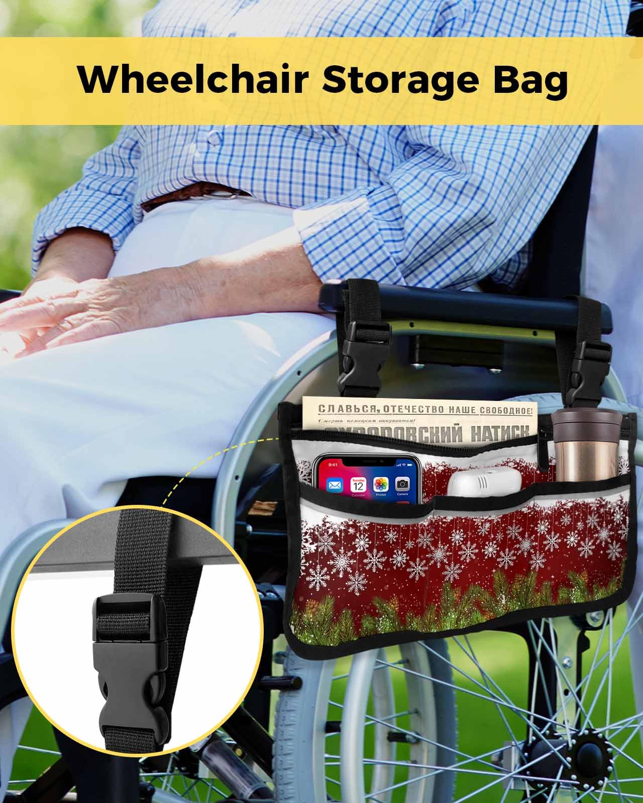 Anzona Red Merry Christmas Wheelchair Side Bag Walker Bag, Winter Pine Twig Snowflake Wheelchair Accessories Armrest Pouch, Organizer Storage Bag for Walkers, Rollators, Scooters, 7.3''x13''
