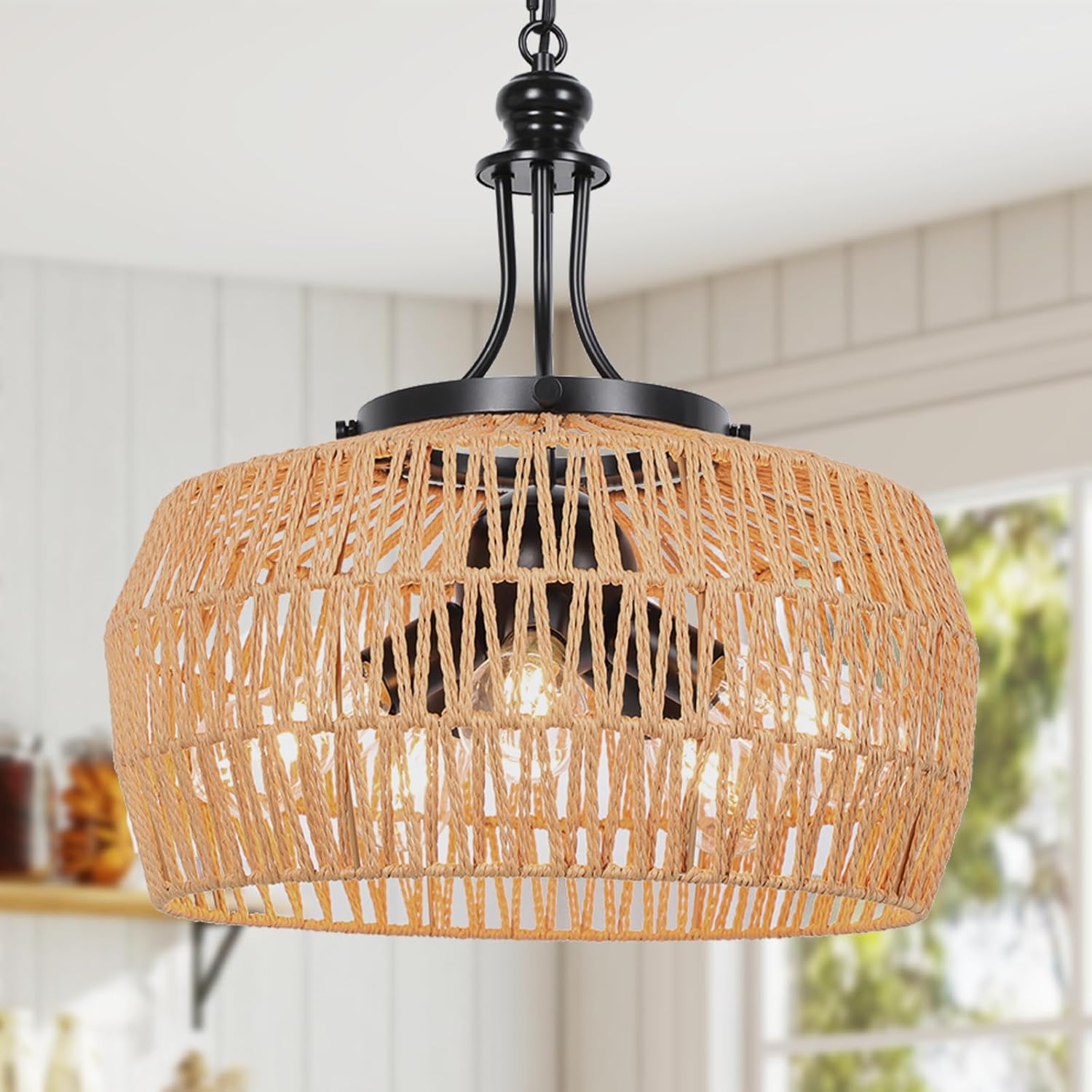 Rattan Boho Chandeliers for Dining Room,5-Light Adjustable Farmhouse Chandelier Light Fixture with Wicker Lampshade,Boho Hanging Pendant Lighting for Kitchen Island, Bedroom, Living Room
