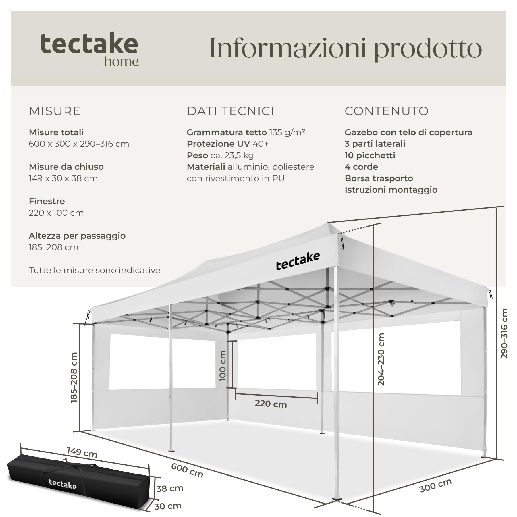 tectake® Gazebo esterno resistente 3X6 cm, Gazebo 3X6 Pieghevole, Telo Impermeabile Protezione UV, Chiusura Scorrevole, Regolabile in 4 Posizioni, 4 Corde e 10 Picchetti, Borsa da trasporto - Bianco