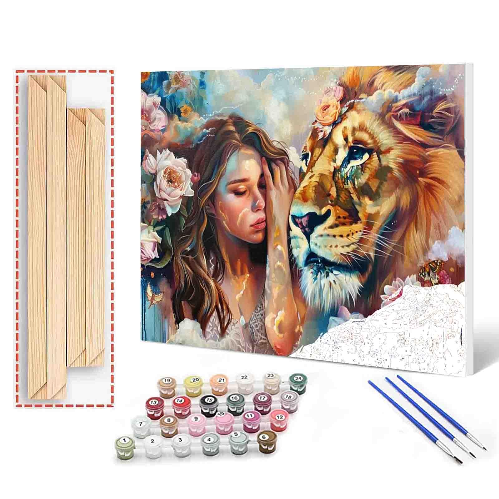 Paint by Numbers for Adults DIY Girl and Lion in Smoke Paintings Beauty and the Beast Oil Painting Kit for Kids Beginner Acrylic Pigment Painting Art Painting by Numbers Wall Decor(Manual Frame)