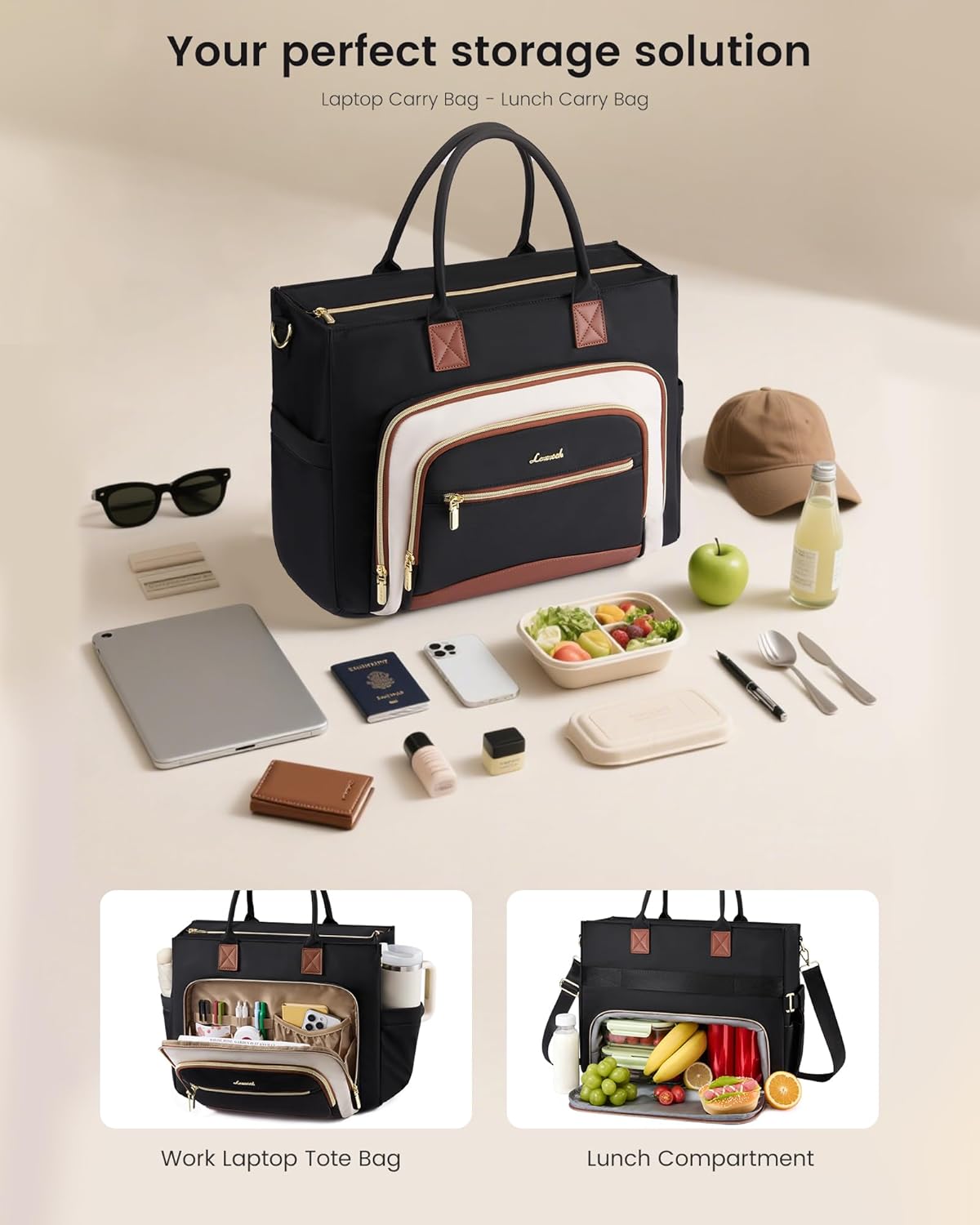 LOVEVOOK Insulated Lunch Bag,2-in-1 Work Tote Bag with Lunch Compartment,Large Capacity Professional Work Bag for Women,15.6 Inch Laptop Bag with Cup Holder for Teacher,Nurse,College,Office,Travel - Image 3