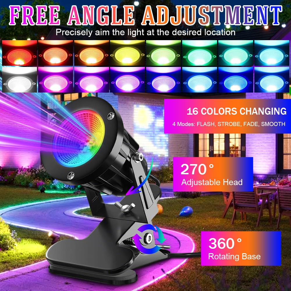 LED Foco de Pinza, 6W RGB LED Foco de Pinza, 15 Luz RGB + Luz Cálida 3000K, IP65 Resistente, Lámpara de Jardín con Enchufe de 3 m, Conector e Interruptor para Interior y Exterior, Patio Césped