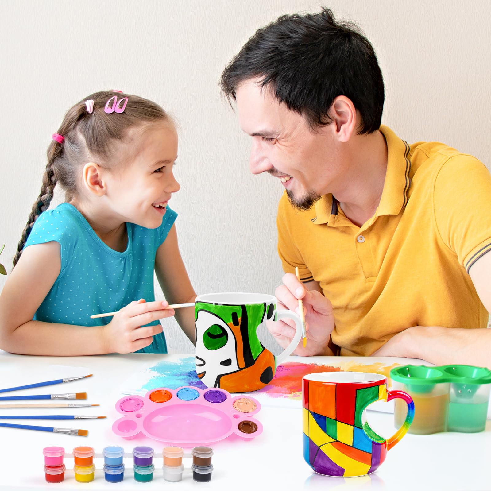 Yaunming Set di 2 tazze da pittura in ceramica, set fai da te per adulti, 2 tazze in ceramica, 12 colori senza piombo, 8 pennelli professionali, fai da te per adulti e bambini
