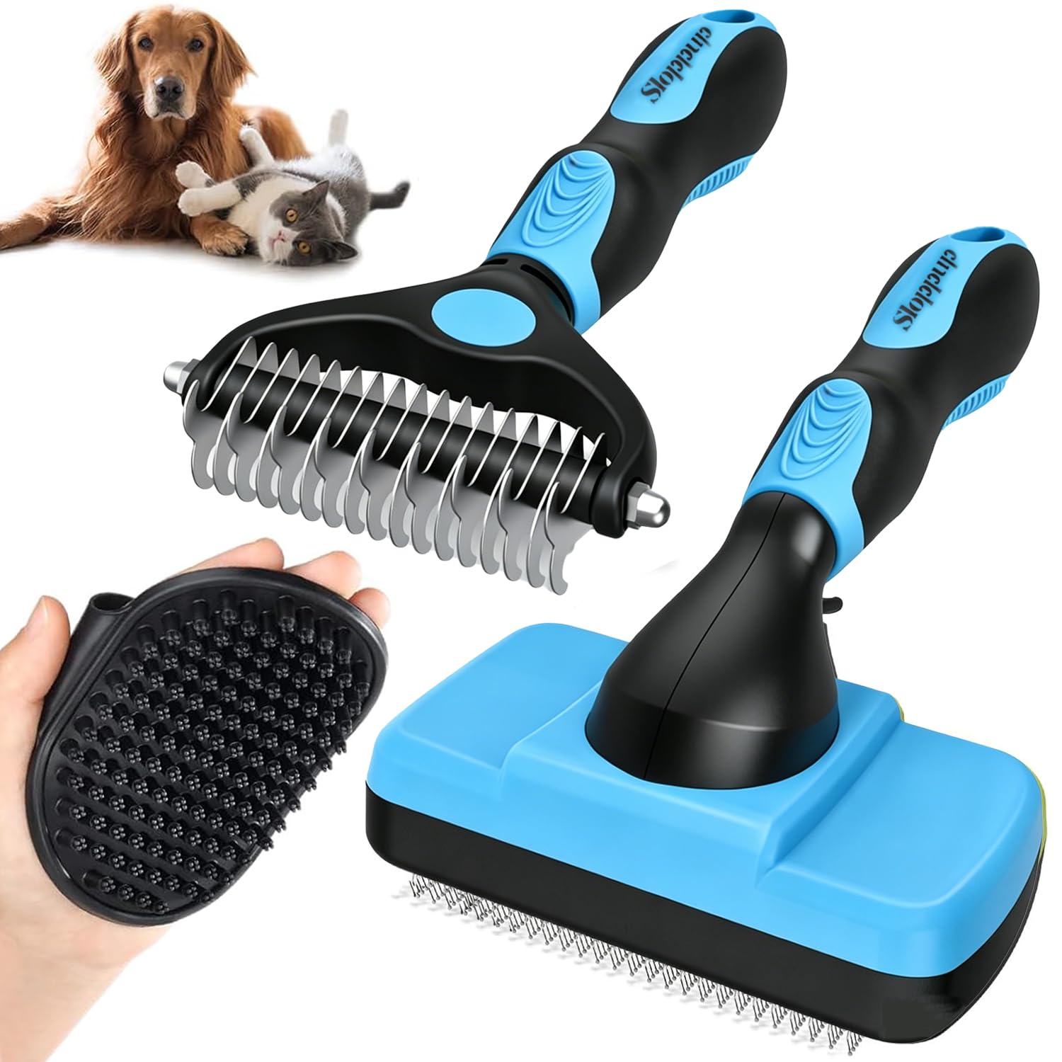 Dog Brush Cat Brush, Self Cleaning Cat Hair Brushes for Grooming, Dogs Bath Brushes, Dogs Grooming Kit for Hair Removal (Blue)