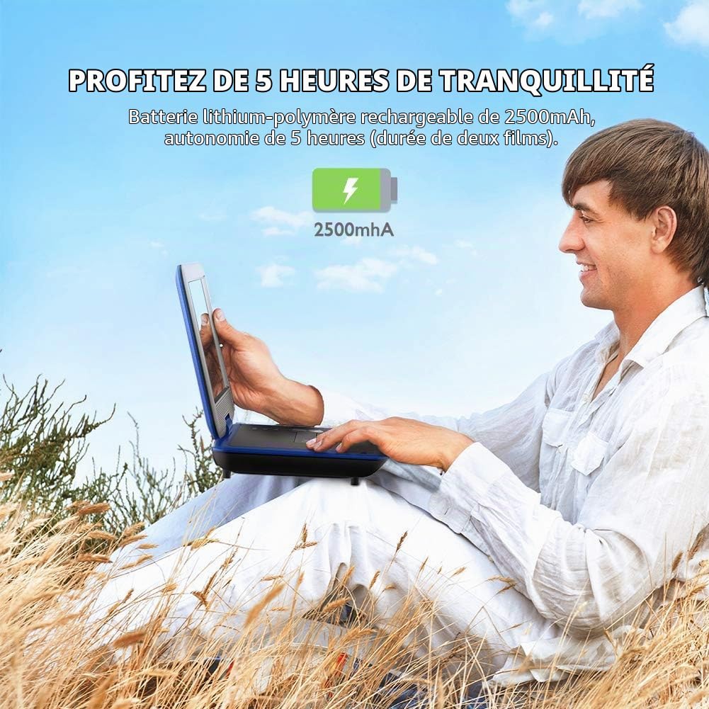 ieGeek Lecteur DVD portable 11,5" avec carte SD/port USB, batterie rechargeable de 5 heures, écran de protection des yeux de 9,5", prise en charge AV-in/out, sans région, bleu