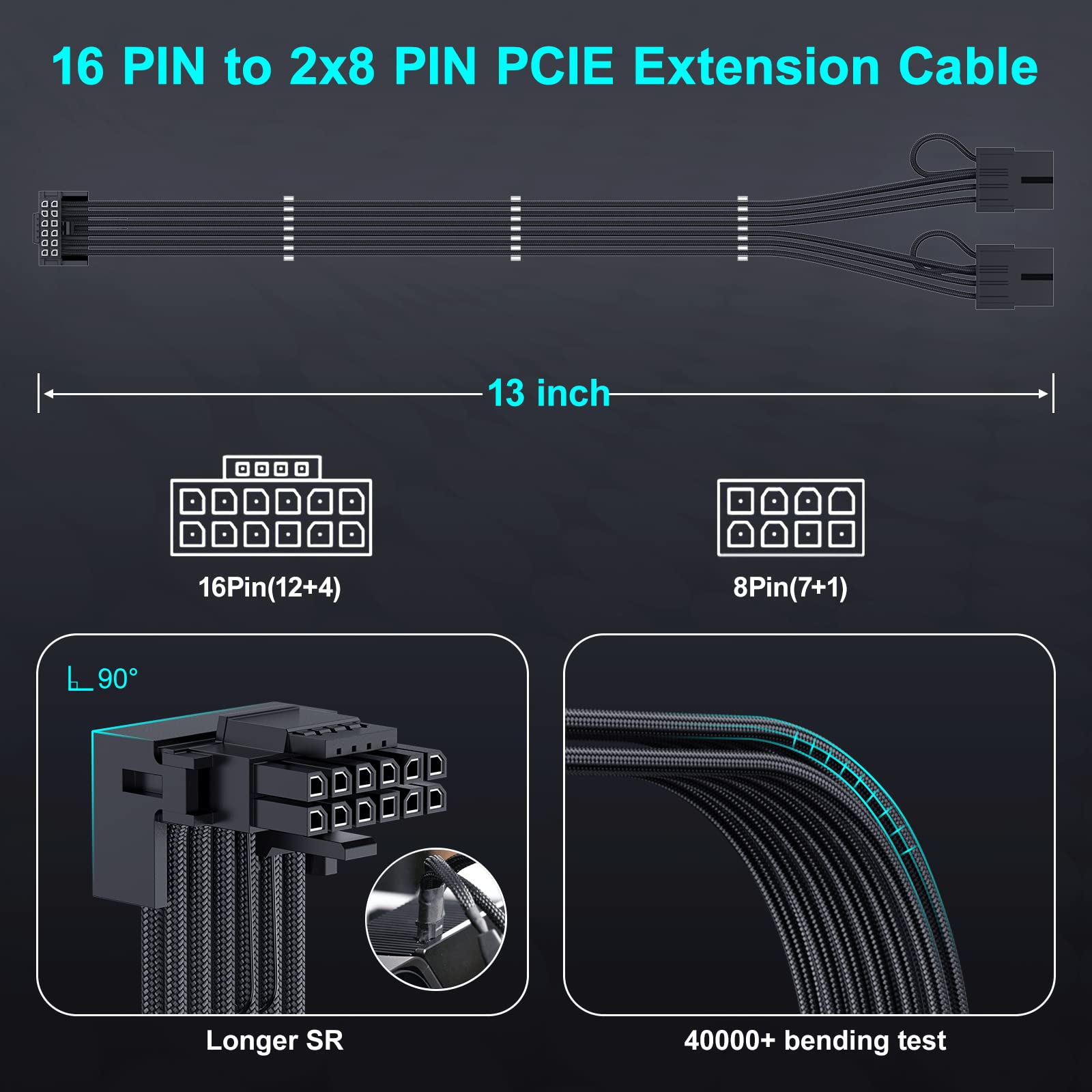 16Pin GPU RTX 4070 Super Power Adapter Cable 90 Degree, PCIE 5.0 16Pin Male to 2X8Pin Female Right Angled 12VHPWR GPU Extension Cable for Geforce RTX 4070 5070 Ti RTX 5080-13inch Black