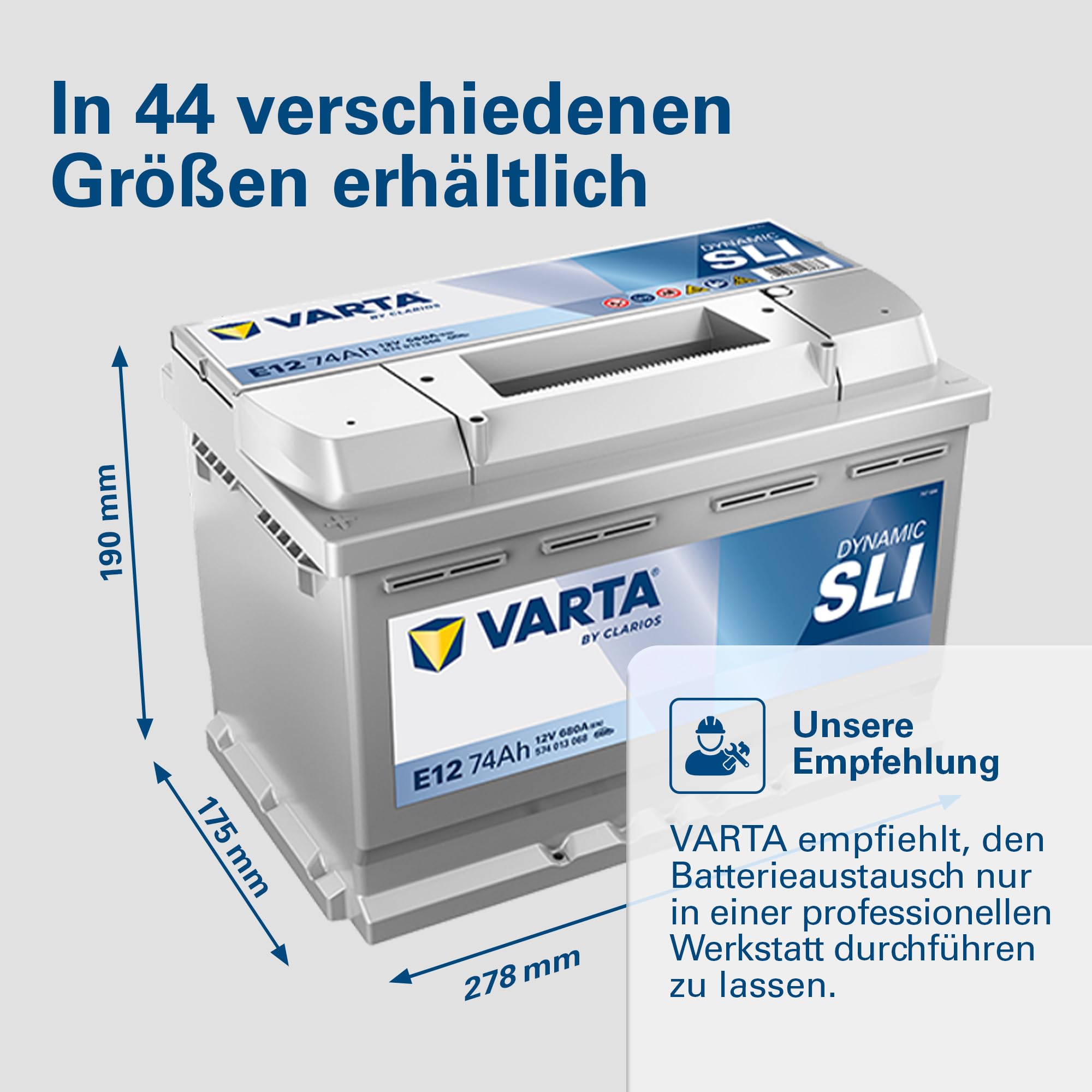 VARTA Automotive DYNAMIC SLI (E12) 12V 74Ah 680A - Nassbatterie KFZ mit Standardausstattung & ohne Start-Stopp System - Starterbatterie für einfachen Energiebedarf - Bleisäurebatterie wartungsfrei