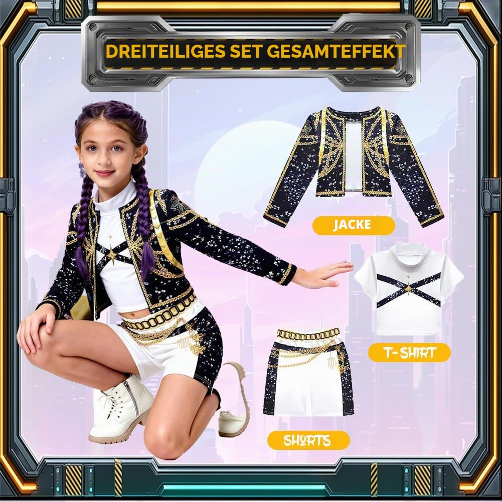 Demon Hunters Kostüm, Anime Cosplay Costume mit Weste, Jacke, Shorts/Röcken, Koreanpop Kostüm Mädchen, Demon Popstar Kinderkostüme für Geburtstag Karneval Fasching Cosplay Party